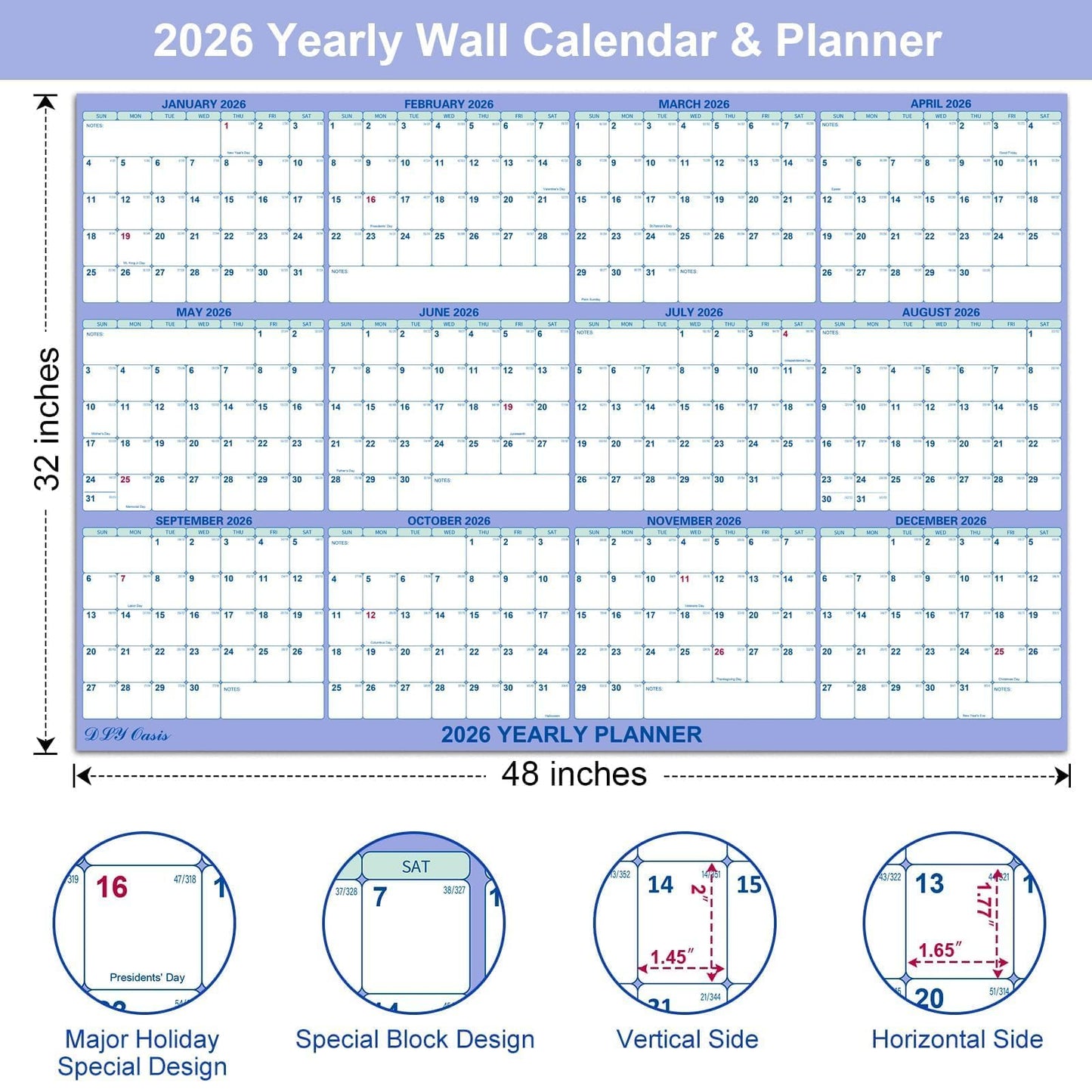 32" x 48" 2026 Wall Calendar, Folded Wet & Dry Erase Wall Calendar 12 Month, Yearly Laminated Wall Calendars, Reversible Annual Planner, Horizontal/Vertical, with Julian Dates