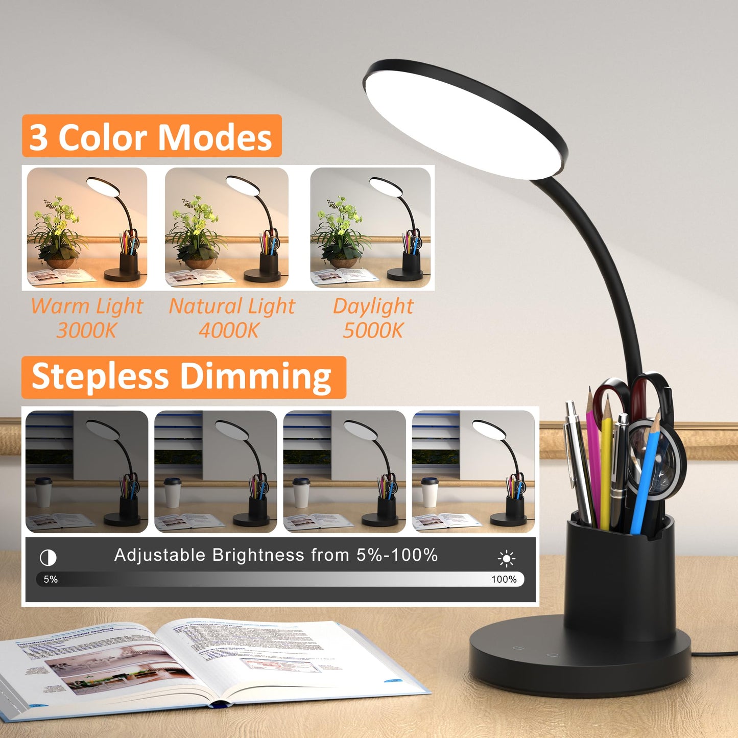 Vicsoon Desk Lamp, LED Desk Lamps for Home Office, Touch Table Lamp with 3 Color Modes 360° Adjustable Arm, Dimmable Desk Light with Pen Phone Holder for College Dorm, Black