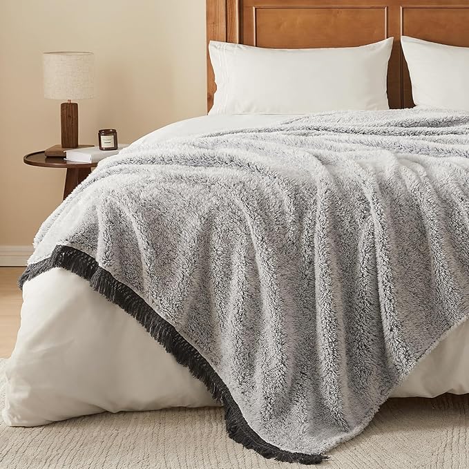 EMME Fuzzy Blanket Soft Fleece Throw Blankets for Women, Fluffy Sherpa Throws(Tassel Grey,50"x60")
