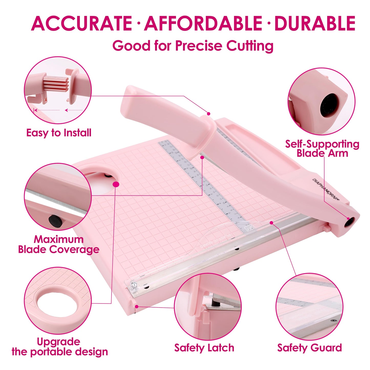 12" Paper Cutter, Precision Cut with Safety Protection and Blade Lock, 12 Sheet Capacity, Great for Cardstock, Cardboard, Photo, Vinyl, Crafts, Scrapbook (Pink)