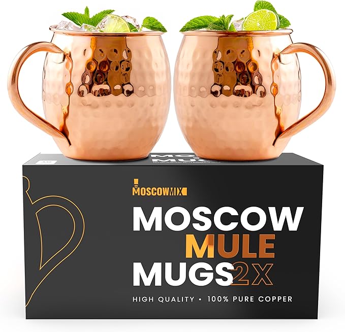 Moscow-Mix Moscow Mule Mugs - Set of 2-100% Pure Copper Mugs 16 OZ Large - Handcrafted Hammered Moscow Mule Cups Set - Premium Solid Pure Copper Cups Gift