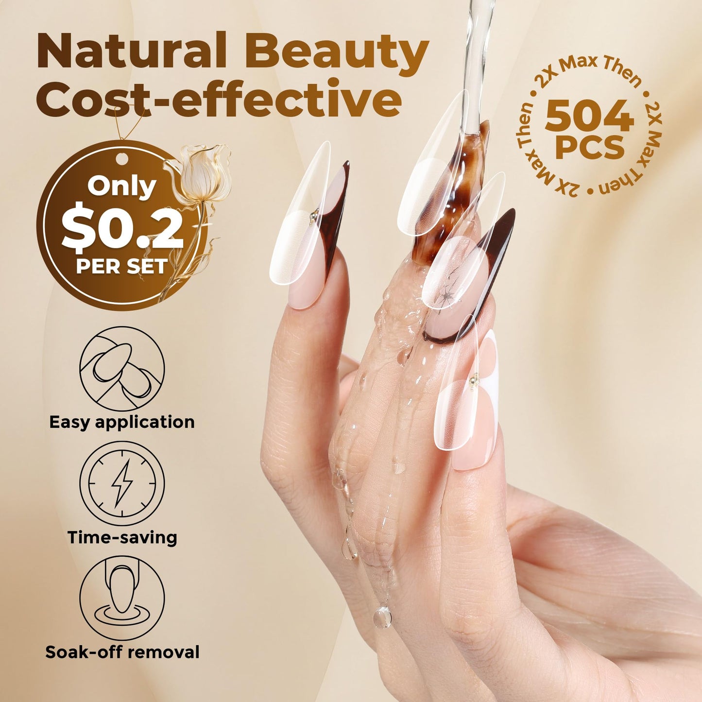 UNA GELLA Long Stiletto Nail Tips 504PCS, Full Cover Pre-Etched Long Stiletto Almond Clear Fake Nails Tips, Sturdy Acrylic Press on Nails, No C Curve Soft Gel Tip for DIY Nail Extension kit 12 Sizes