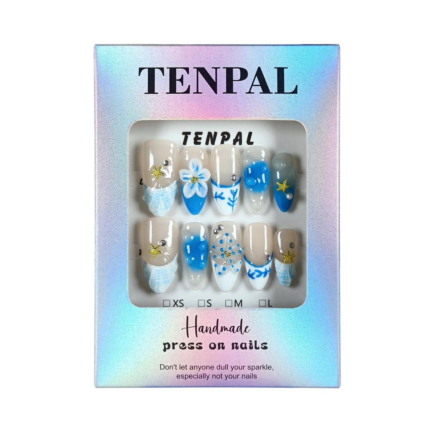 TENPAL Blue French Tips Press on Nails Almond with Shell & Hand Painted, Reusable Icy Glossy False Nails for Summer Beach Vacation | Coastal Watercolor Style(XS)