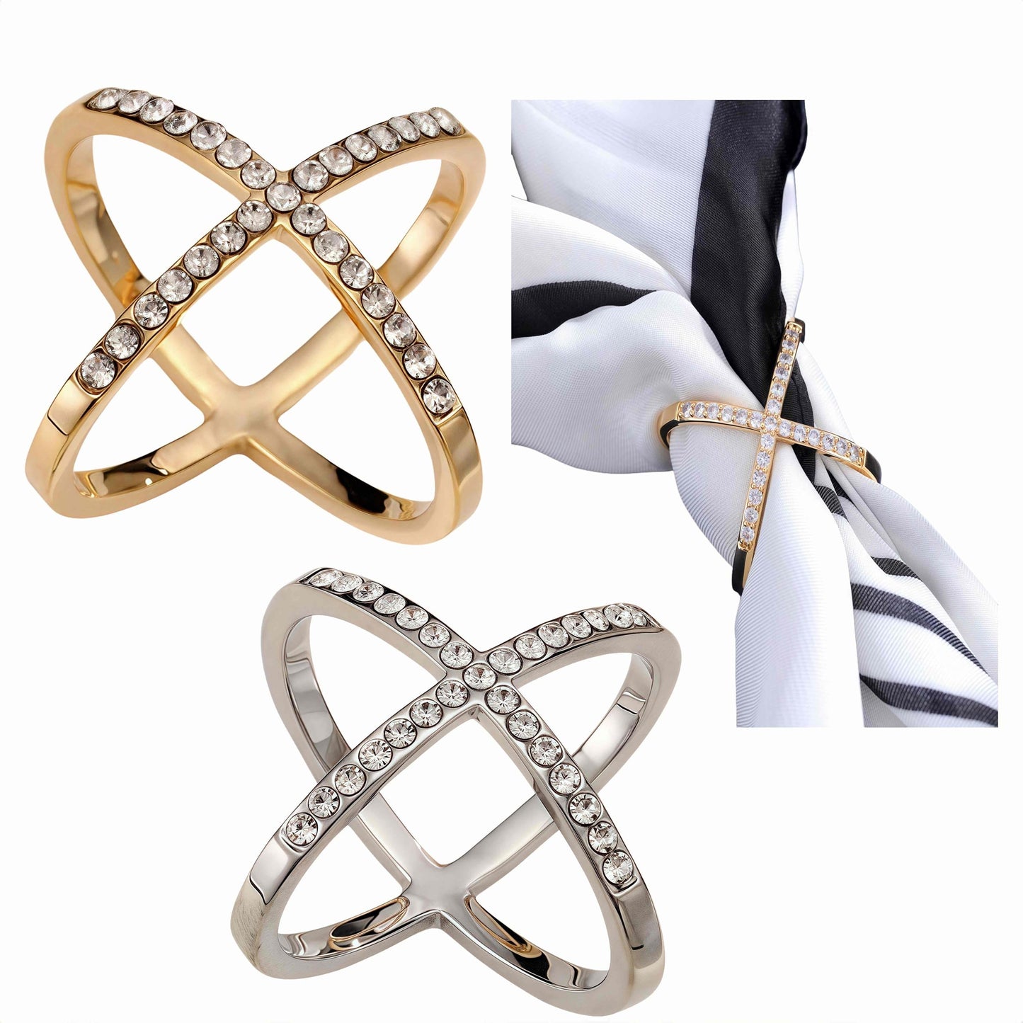 SYWDUDUCLT Crystal X-Shape Scarf Ring, Gold and Silver, Scarf Rings and Slides for Scarves, 2 Pack