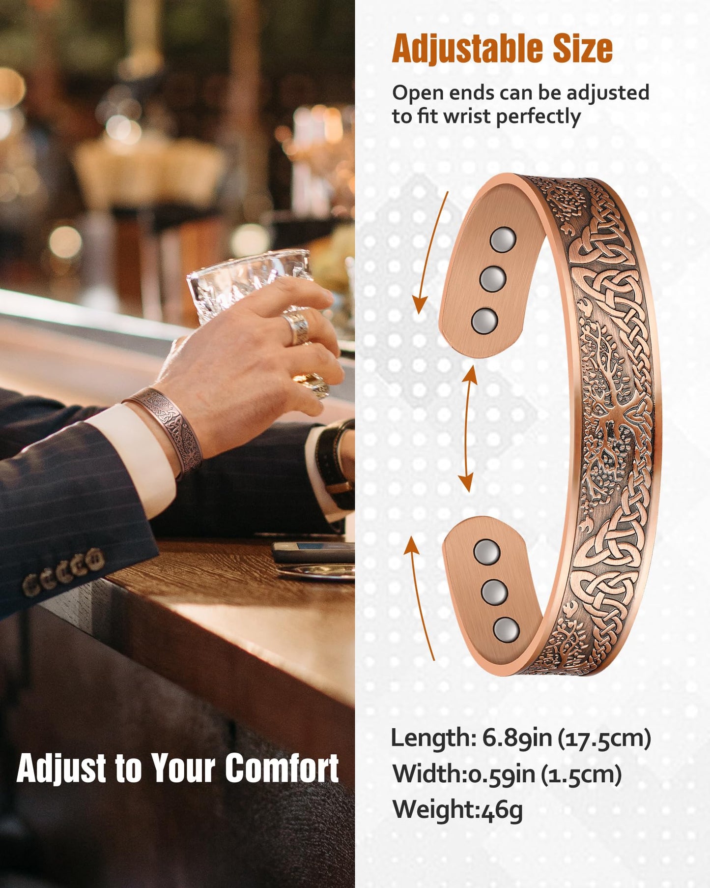Jecanori Copper Bracelet for Men, 18X Strength Mens Magnetic Copper Bracelets with 3,800 Gauss Magnets, 99.99% Pure Solid Copper, Copper Jewelry Gift