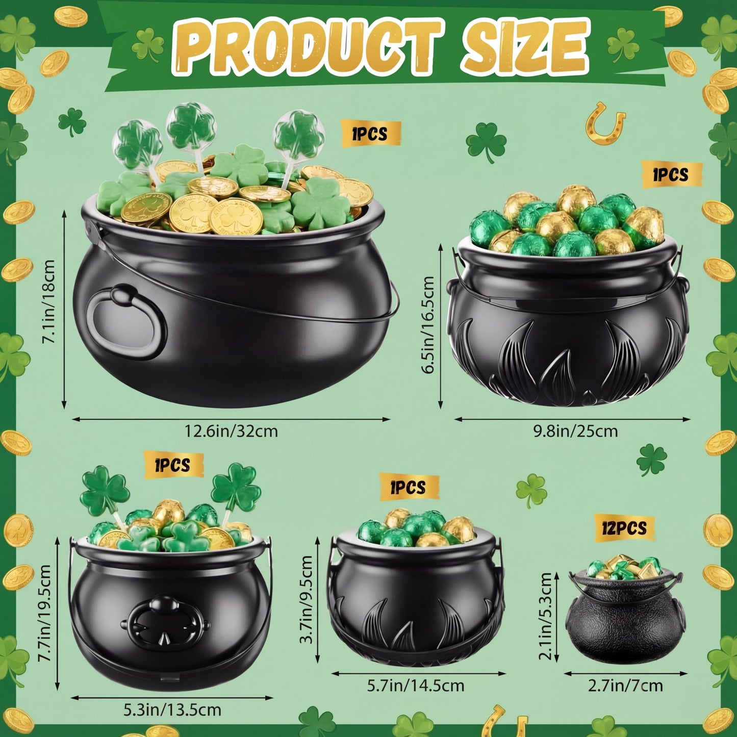Threehoney 16 in 1 St. Patrick's Day Cauldron 12.8 9.8 7.6 5.7 2.7 Large Witch Leprechaun Pot for Irish Party Decoration Plastic Cauldron with Portable Carrying Handle Black Candy Pot Indoor Outdoor