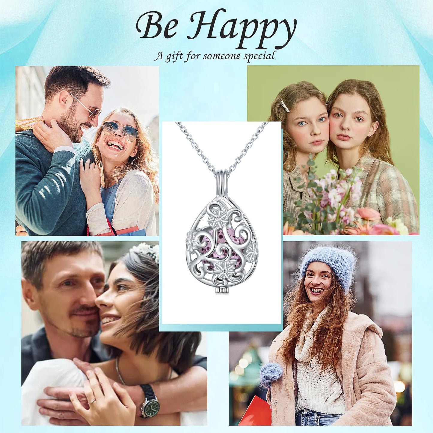 DAOCHONG S925 Sterling Silver Aromatherapy Essential Oil Diffuser Necklace Teardrop Flower Locket Perfume Pendant Necklace Jewelry 18+2 inches Adjustable Chain with 10 PCS Stones