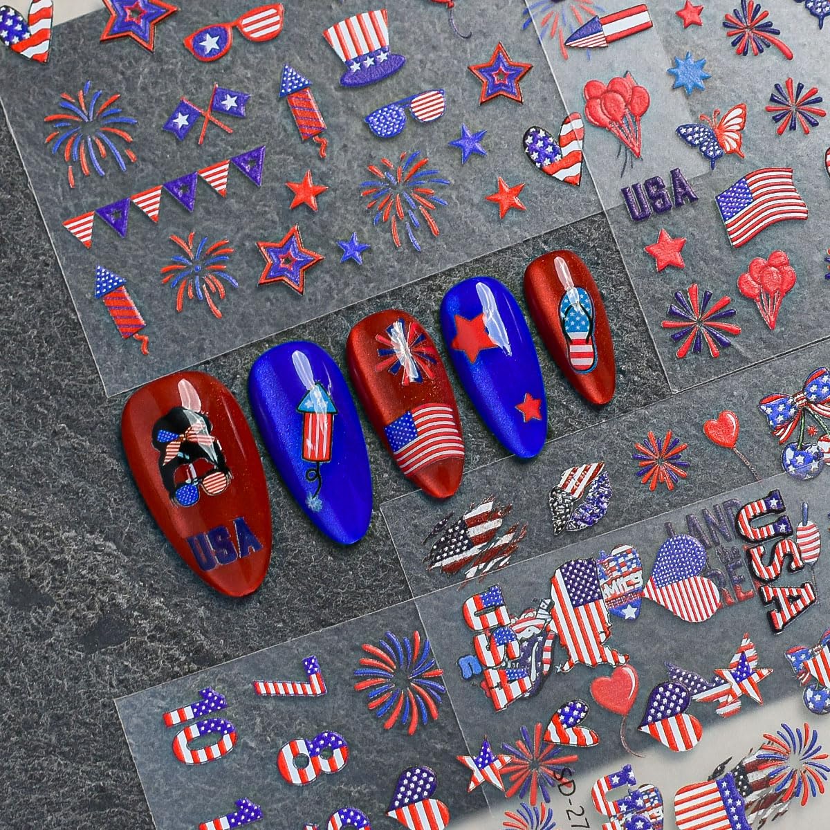 4th of July Nail Stickers 6 Sheets - 3D Embossed Red White & Blue Self-Adhesive Decals with American Flag, Stars & Fireworks, Independence Day DIY Manicure for Women