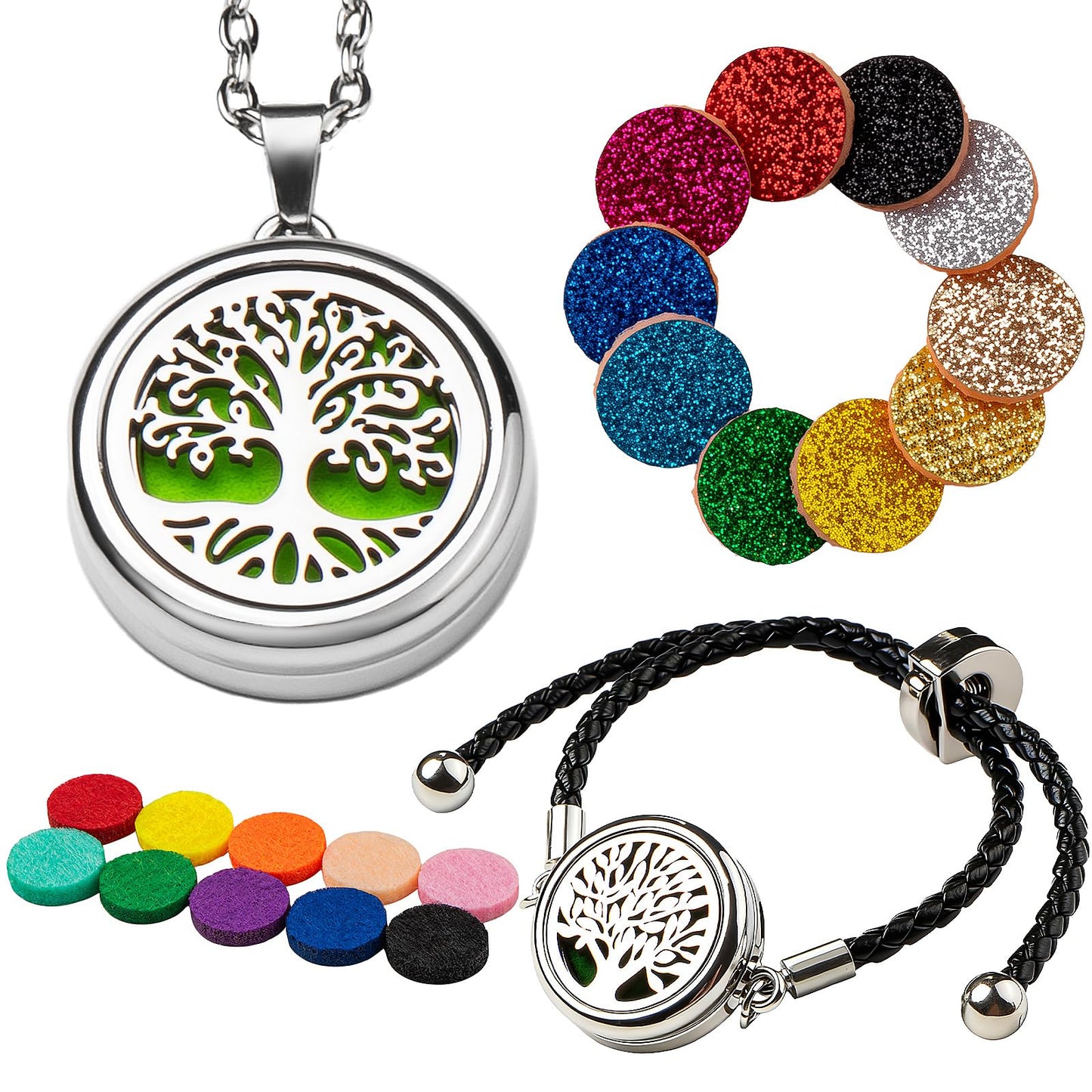 Essential Oil Diffuser Necklace & Bracelet Set for Women 2pcs, for Mom, Tree of Life Aromatherapy Locket + Adjustable Diffuser Bracelet, 20 Refill Pads, Gifts for Women, Sister, Wife