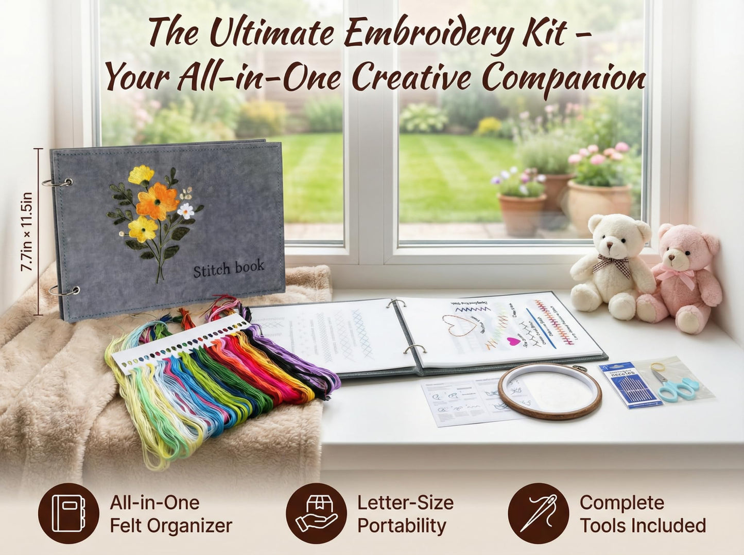 Embroidery Kit with Ring Binder Removable Pages Stitch Book, Patterns, Hoop, Floss, Needlepoint Craft Kit - Cross Stitch for Beginners and Adults