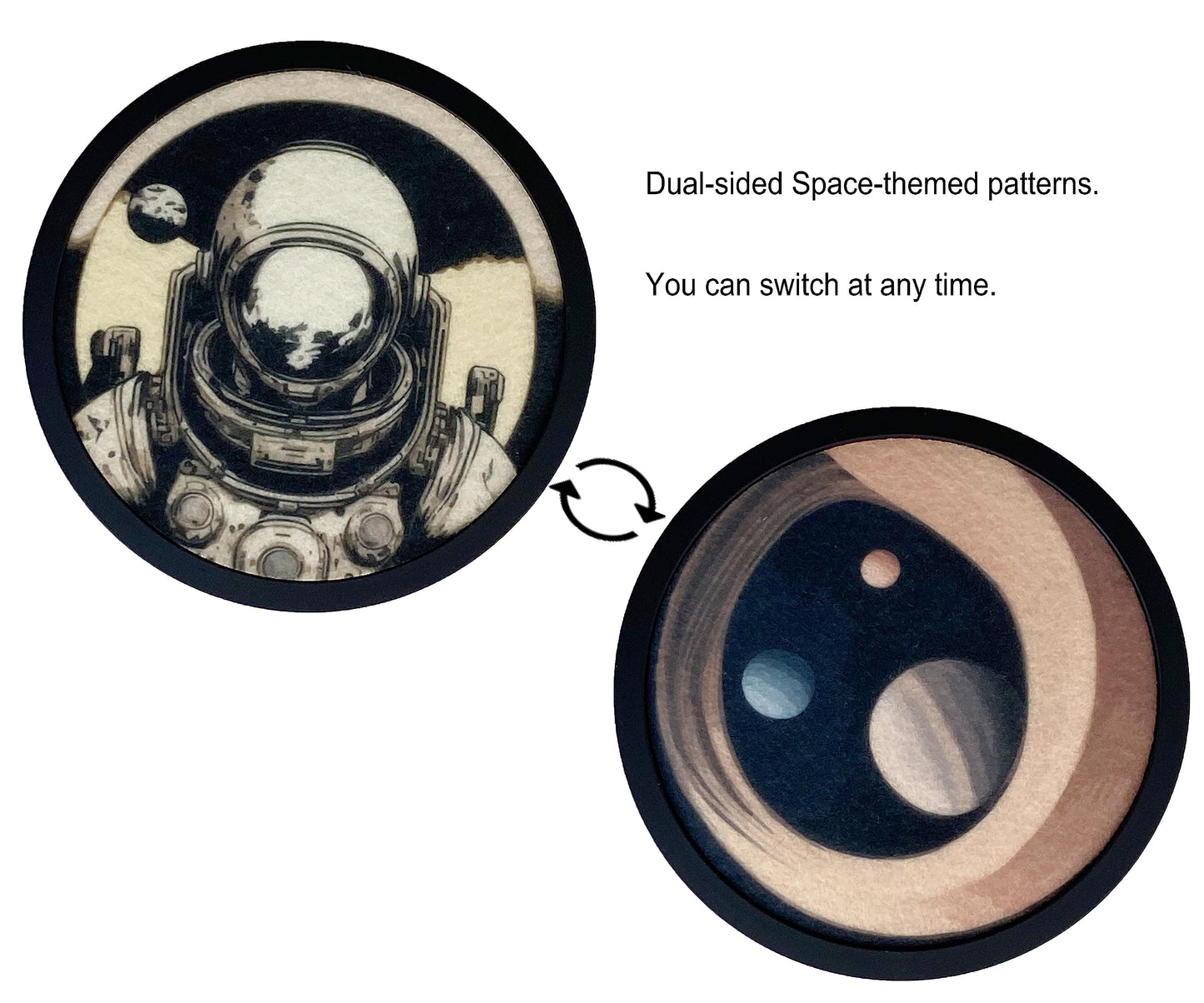 Absorbent Coasters for Drinks with Holder - 6packs, Silicone Coaster with Soft Felt Insert (4.3 inch Coasters with 4.5 inch Holder, Dual-Sided Space -Themed Patterns)