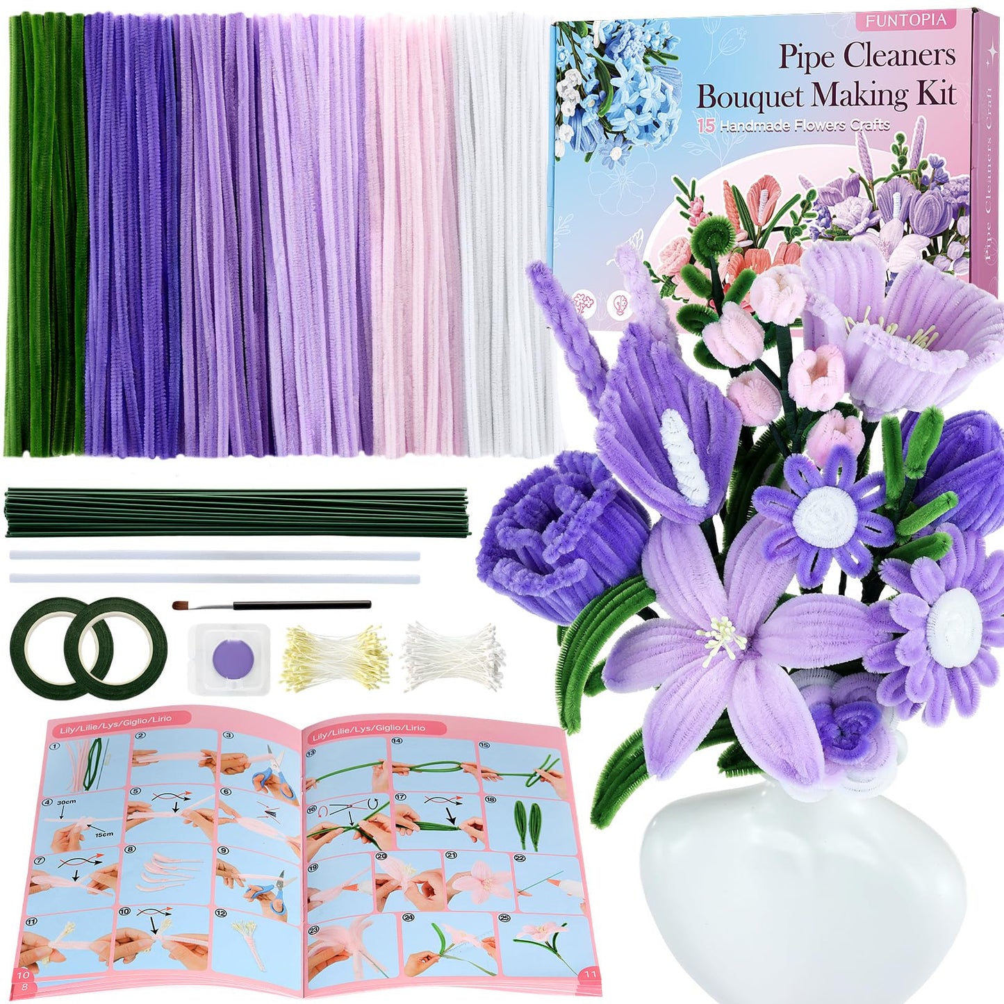 Funtopia Pipe Cleaner Flowers, 540 Pcs Pipe Cleaners Craft Bulk, Pipe Cleaner Flower Kit with Instruction, Chenille Stems for Flower Making, DIY Bouquets and Party Decorations (Purple, 12in x 7mm)