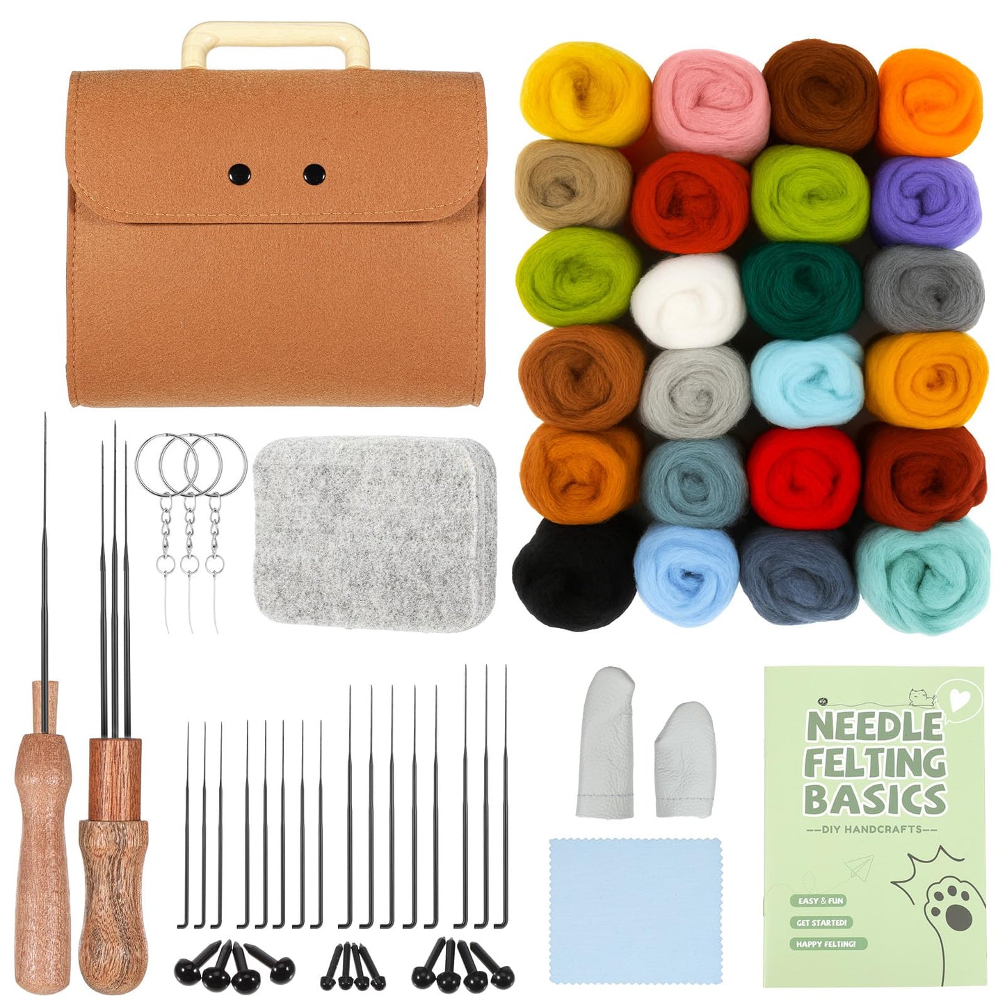 Oqqlin 62 Pcs Needle Felting Kit, Felting Kits for Beginners Adult Including 24 Colors Wool Roving, Felt Needles, Felt Pad, Needle Handles, Finger Beds, Keychains, Fake Eyes, Storage Bag, Instruction