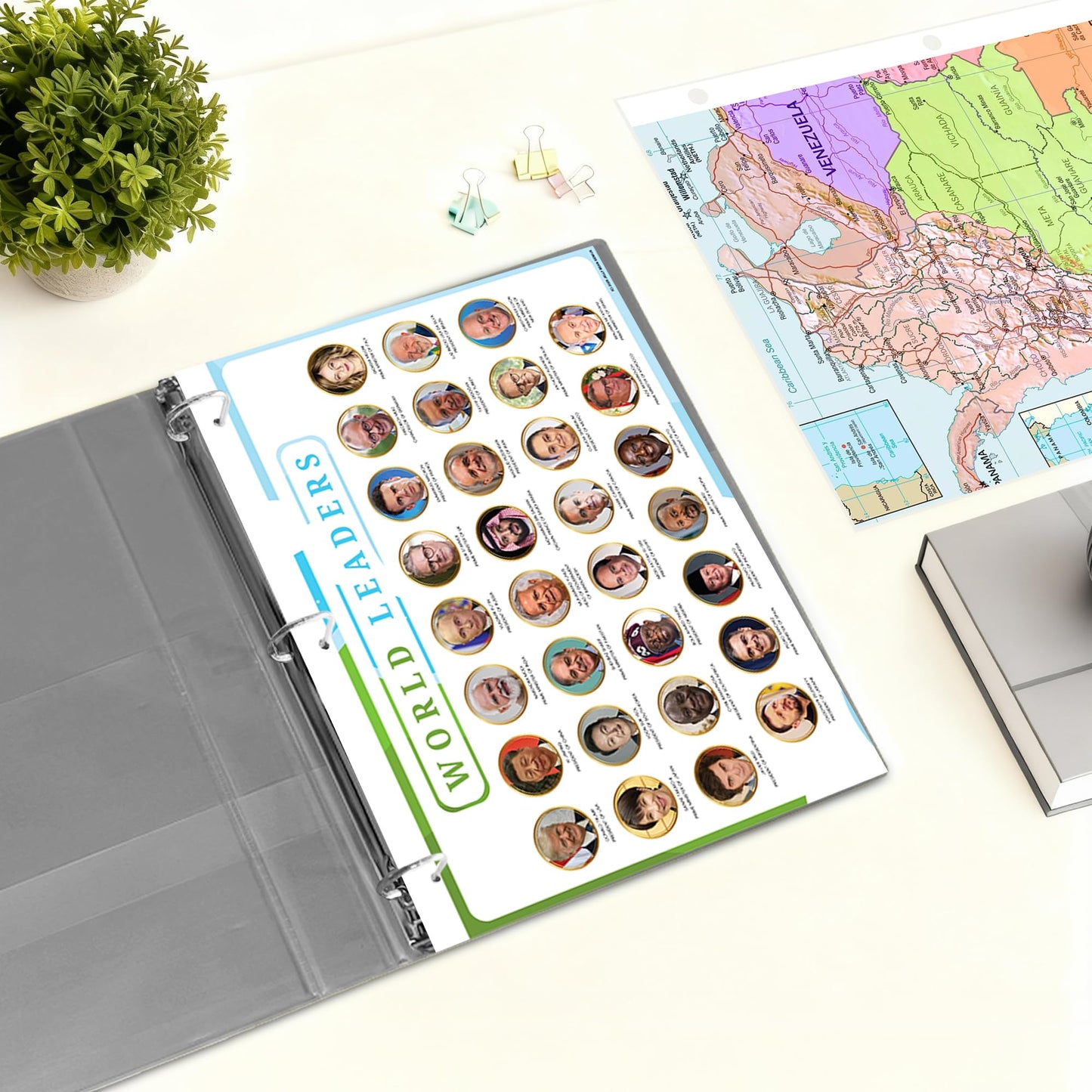World Map & World Leaders Reference Page – Laminated, Double-Sided 3-Ring Binder Insert – Durable Gloss Global Geography & Leadership Chart for Study (2 Pack)