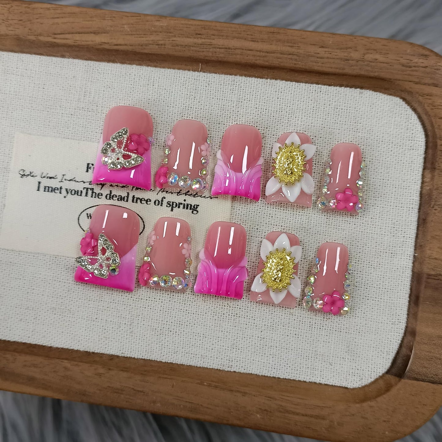TENPAL Duckbill Press on Nails,Glossy Pink French Tip Fake Nails with 3D Butterfly & Rhinestone Design,10PCS Glitter False Nails for Everyday Wear Party Vacation Work,Duck Shape Glue on Nails(L)