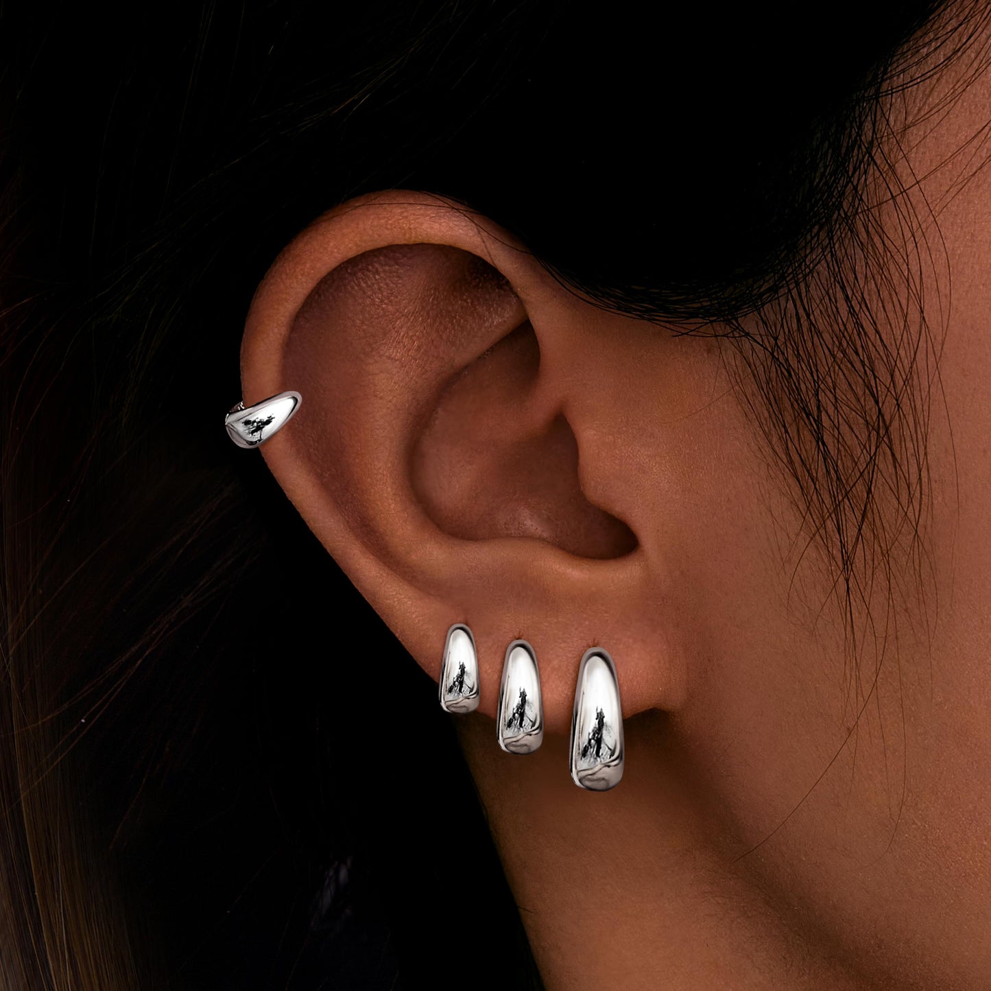 Silver Chunky Huggie Hoop Earrings Set for Women Men Silver Stack Cartilage Earrings Sets for Multiple Piercing Lightweight Mini Thin Cute Dainty Trendy Clip On Jewelry Gifts