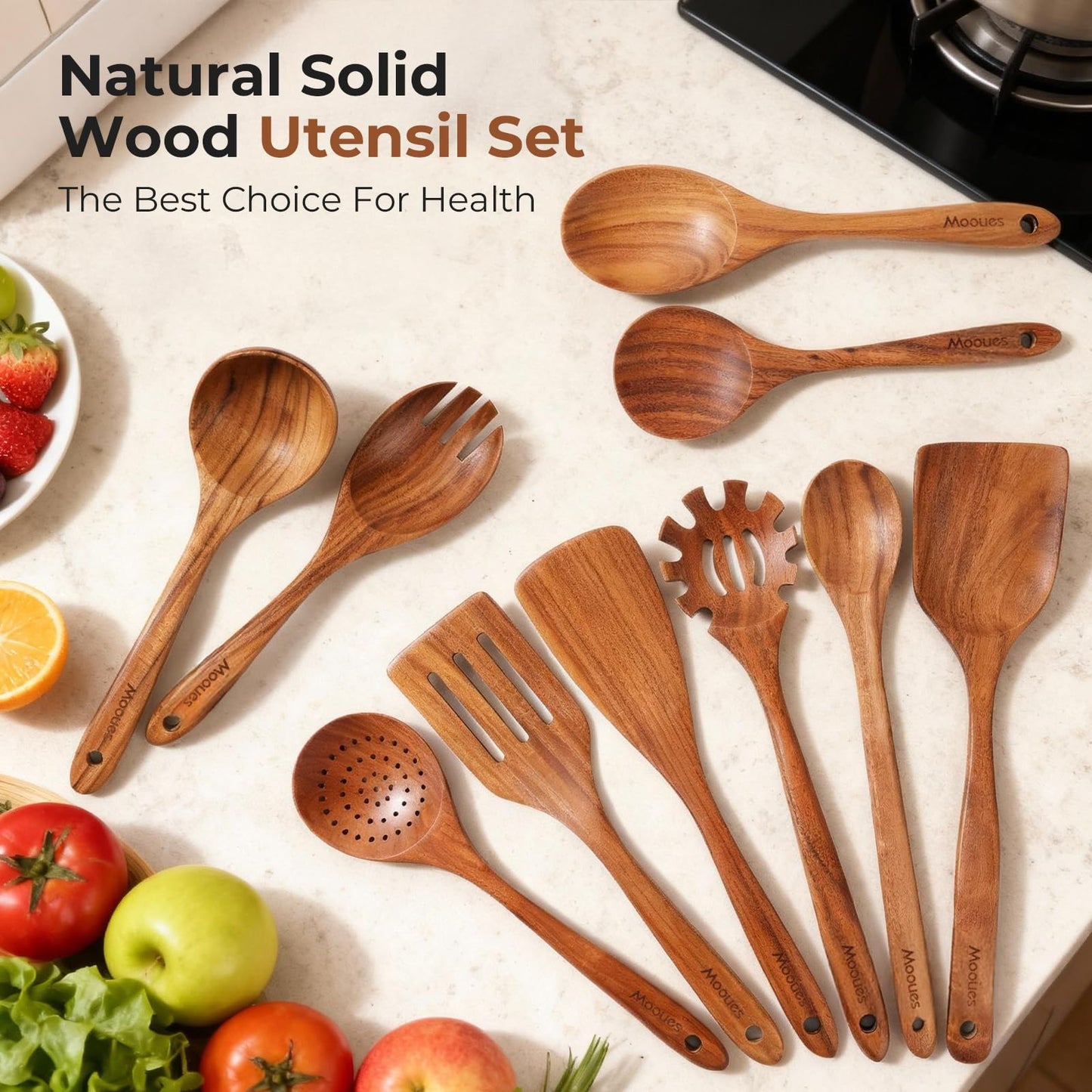 Wooden Spoons for Cooking, 10 PCS Teak Wood Cookware Utensil Set with Hooks - Smooth Finish, Non-Stick, Comfortable Grip, Heat Resistant Kitchen Utensils Gift Box