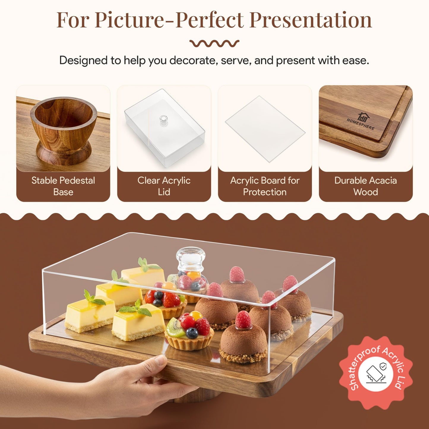 HOMESPHERE Acacia Wood Cake Stand with Lid - Rectangular Cake Holder, 2-in-1 Dessert Table Display Set & Charcuterie Board for Cheese, Chips, Fruit Platter, Large Acrylic Cake Dome Cover, No Glass