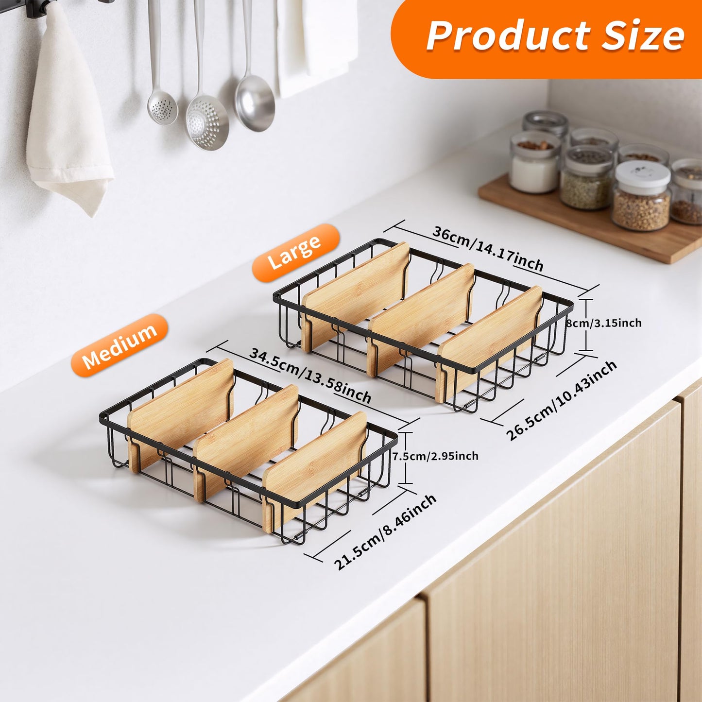 CACHOLIV 2-Pack Adjustable Lid Organizers - Large Kitchen Cabinet Organizer for Food Storage Container and Tumbler Cup Lids with 6 Bamboo Dividers -Organizers in Kitchen/Pantry/Laundry Room(Size:M+L)
