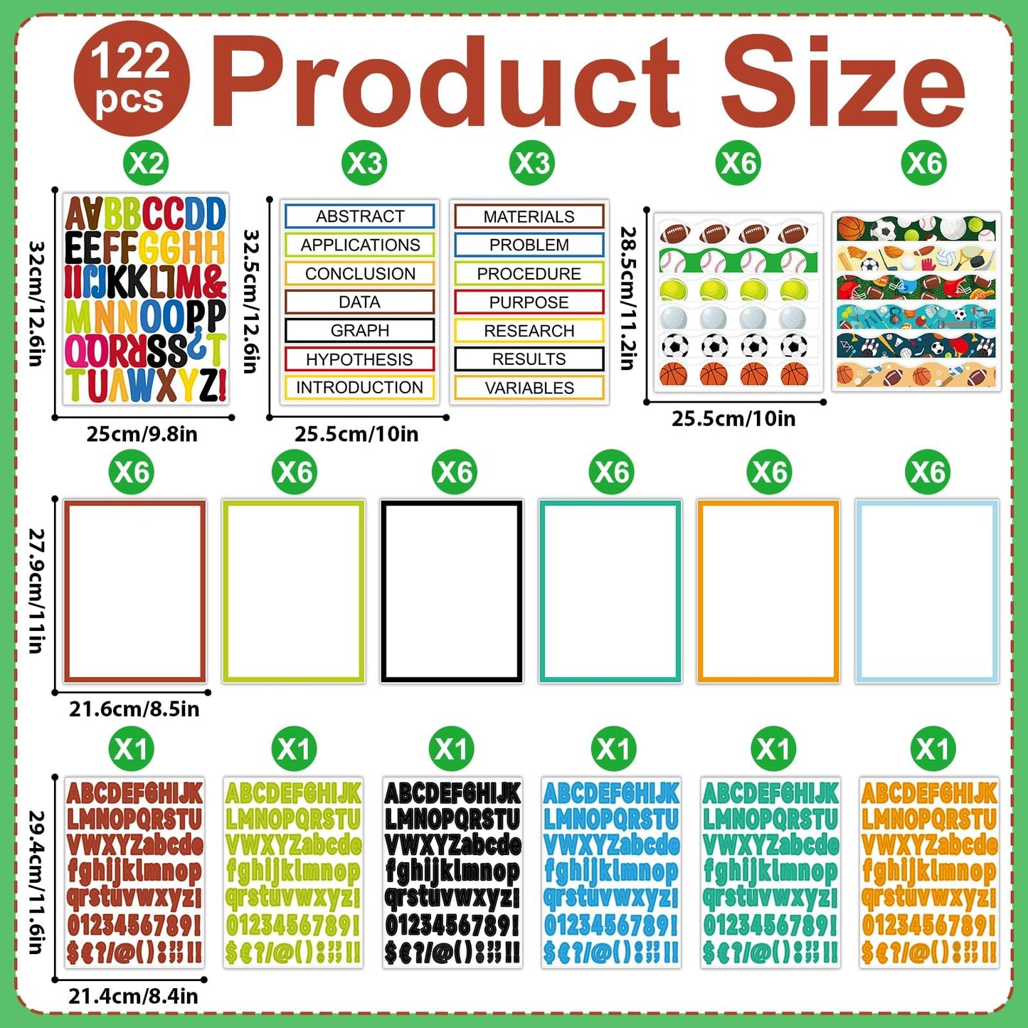 122 Pcs Science Fair Board Supplies 72 Sports Football Trim Scalloped Borders 36 Presentation Board Subtitle 6 Self Adhesive Project Title 8 Letter Sticker for Classroom Office Display Decor(Sports)