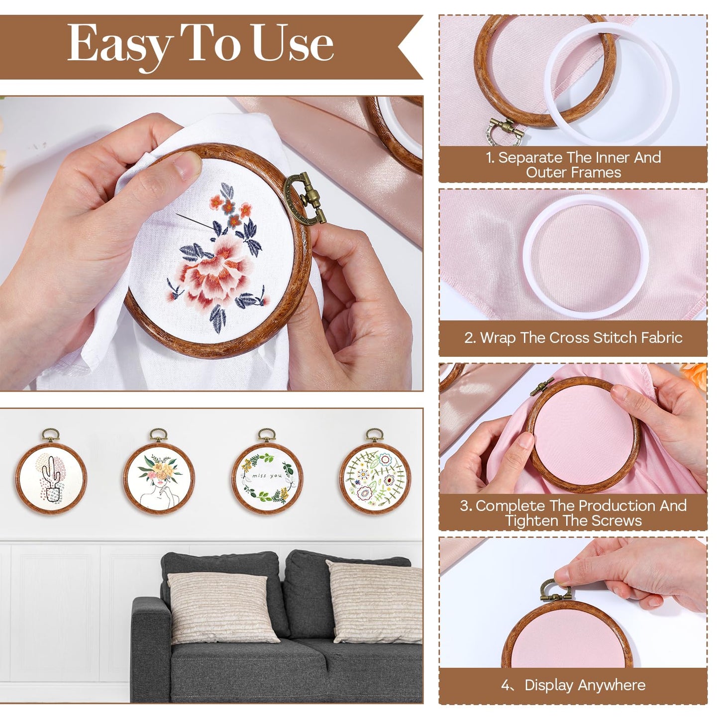 cobee 15 Pcs 3 Inch Mini Embroidery Hoops, Imitated Wood Plastic Embroidery Frame for Display Circle Cross Stitch Hoop Ring Embroidery Hoops Set for Sewing Craft Hanging Ornaments