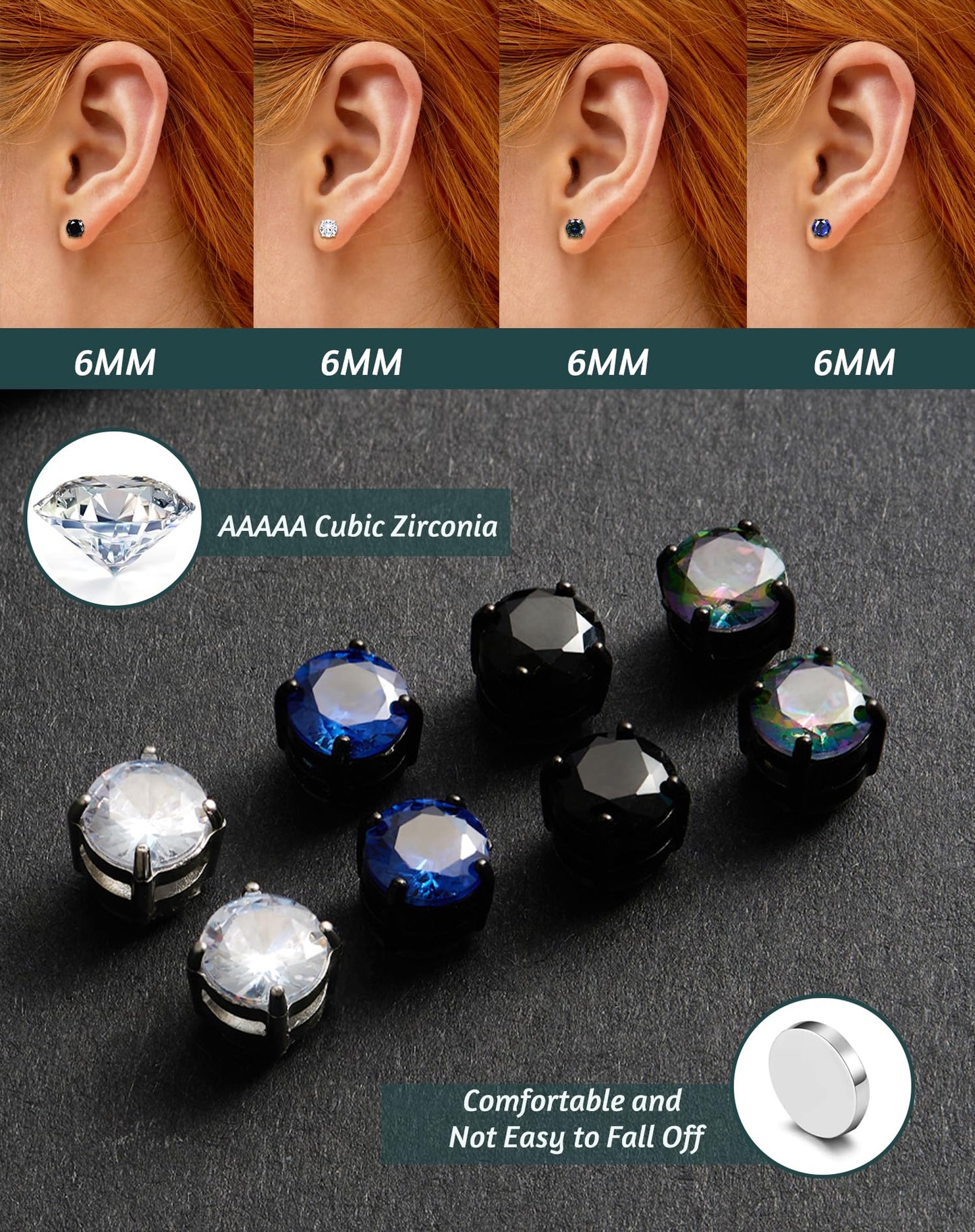 SIISPRI 4 Pairs Stainless Steel Magnetic Stud Earrings for Men Women Hypoallergenic Inlaid Cubic Zirconia Unisex Non-Piercing Clip On Stud Diamond Earrings Set