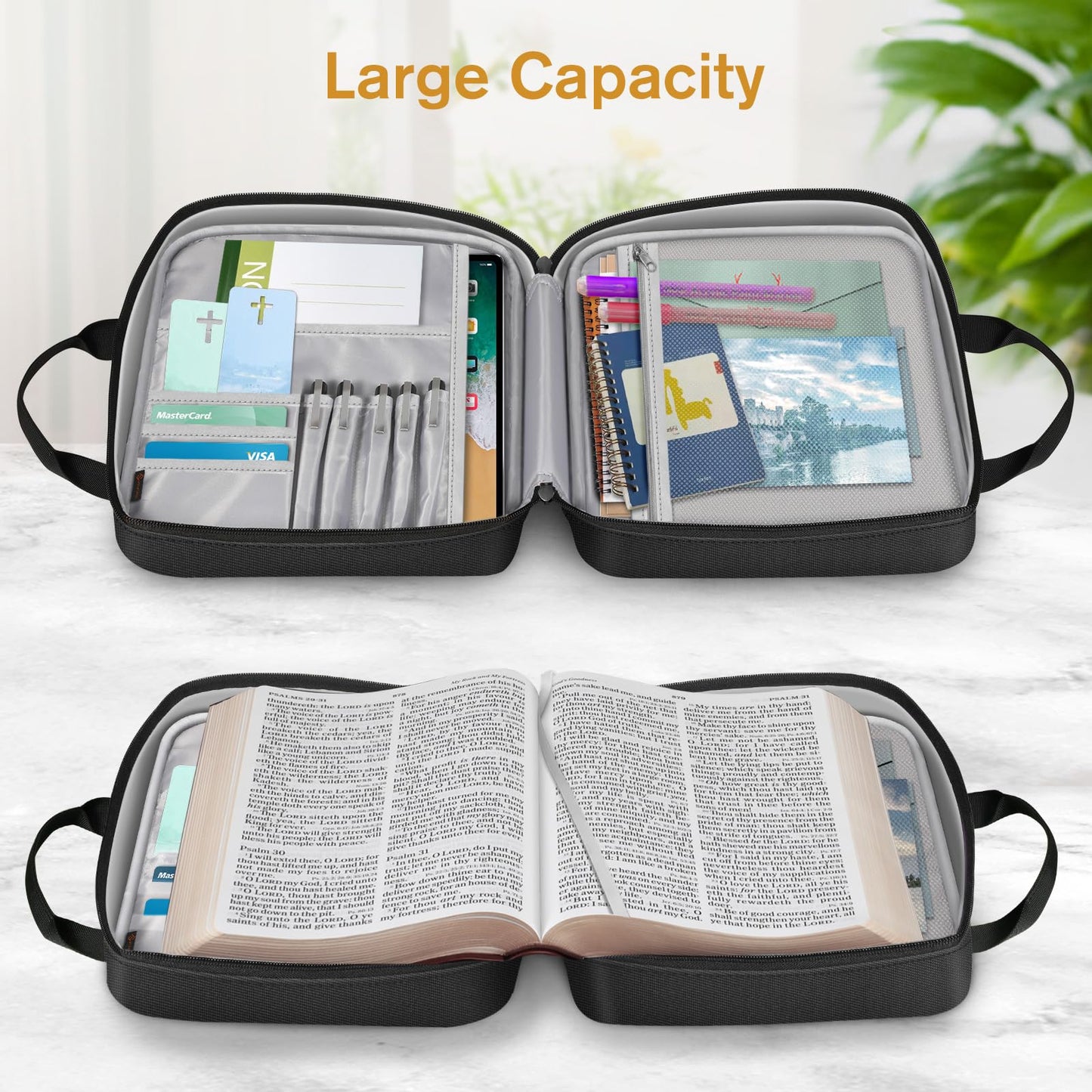 FINPAC Extra Large Bible Cover, Carrying Book Case Church Bag Bible Protective with Handle and Zippered Pocket, Gift for Men Women, Black