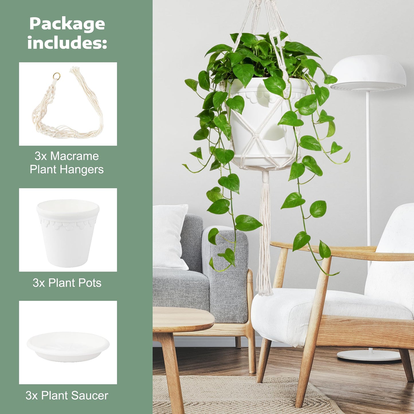 WECHARM HOME Hanging Planters with Macrame Plant Hangers, 3-Set Self Watering Pots, Hanging Flower Baskets for Indoor Outdoor Plants,3 Different Sizes