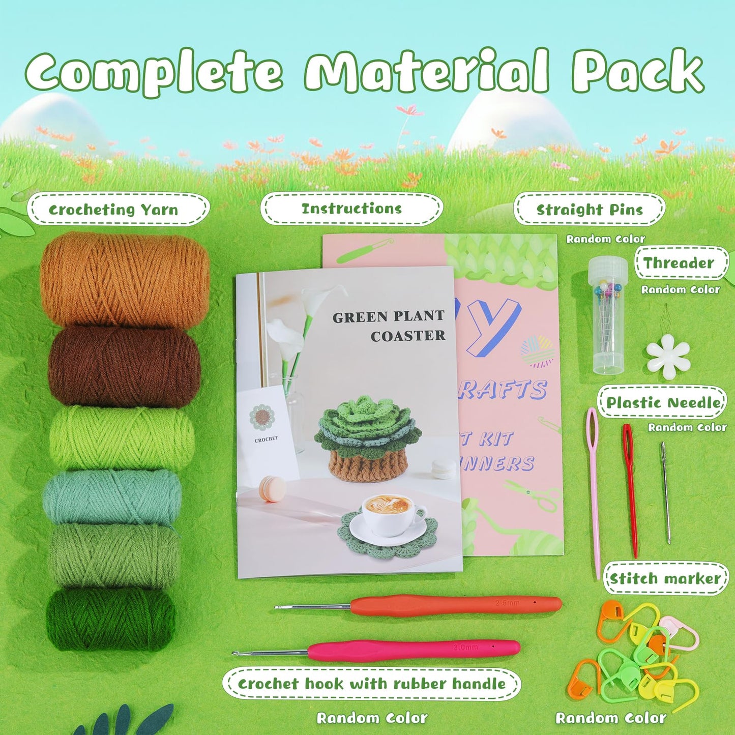 LUNARM Crochet Kit for Beginners, Crochet Start Kit Green Plant Coasters with Step-by-Step Video Tutorials, Easy-to-Learn Knitting with Hook and Yarn, Beginner-Friendly