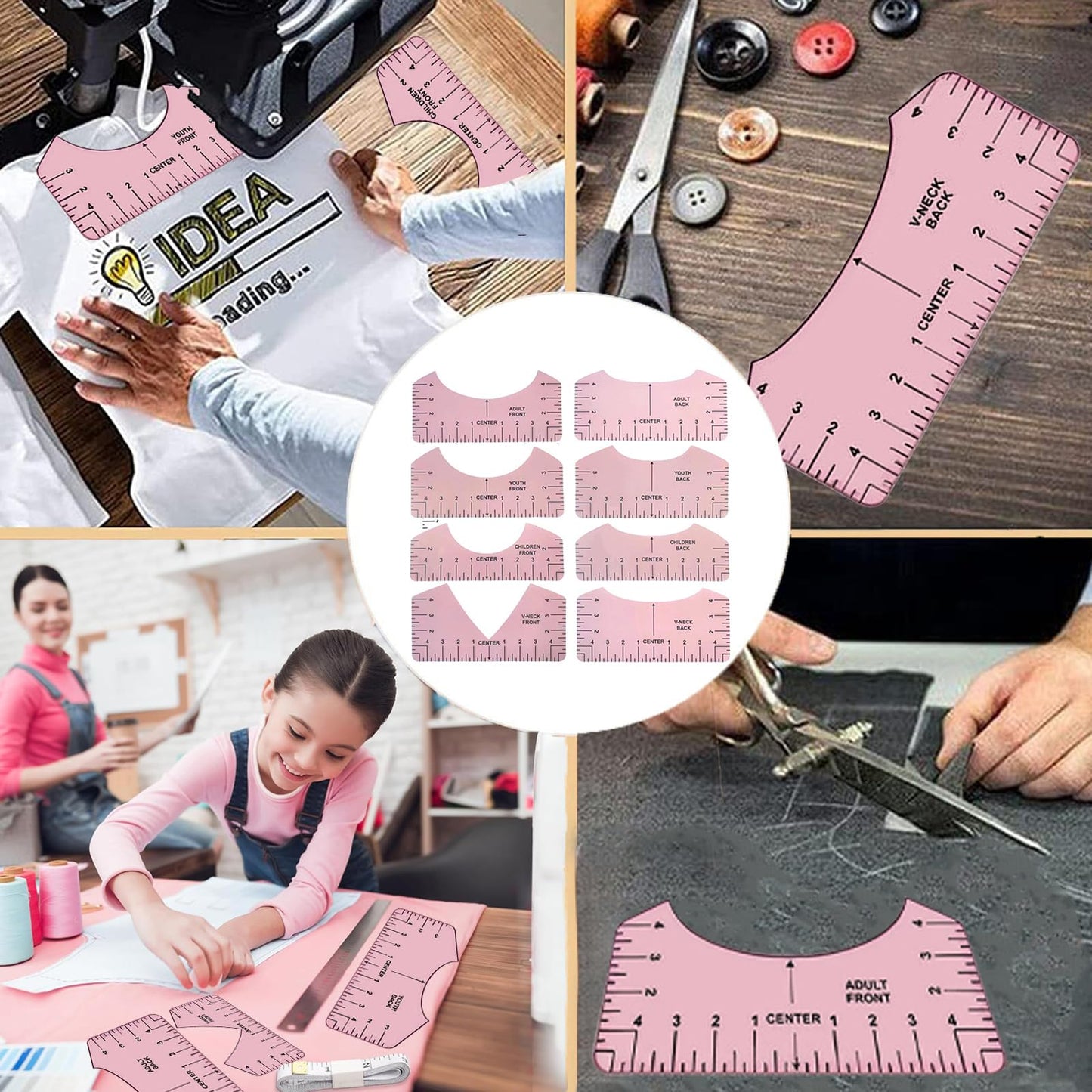 QUKLOGEN Sublimation Shirts Tool Kits Shirt Measure Ruler Set Reusable Round Neck and V Neck Alignment T Shirt Guide Ruler Teflon Sheet for Heat Press 12 x 16in Heat Resistant Tape