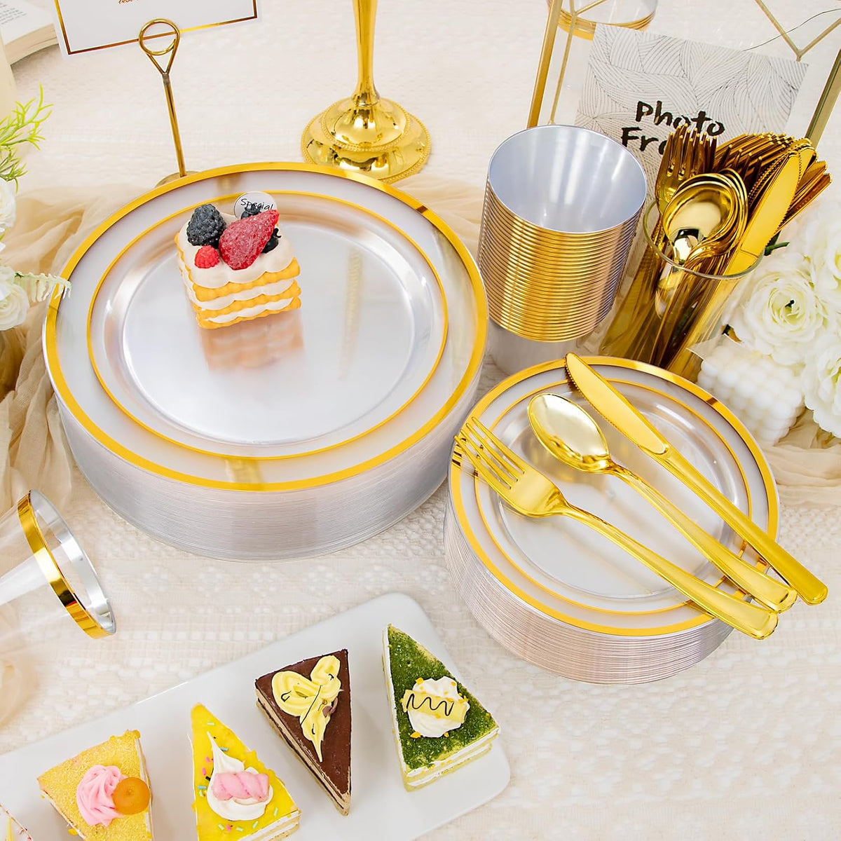 WELLIFE 450 PCS Clear Gold Disposable Dinnerware Set for 75 Guests, Clear and Gold Plastic Plates for Party, 75 Dinner & Salad Plates, Cups, Spoons Forks Knives for Wedding and Party Anniversary