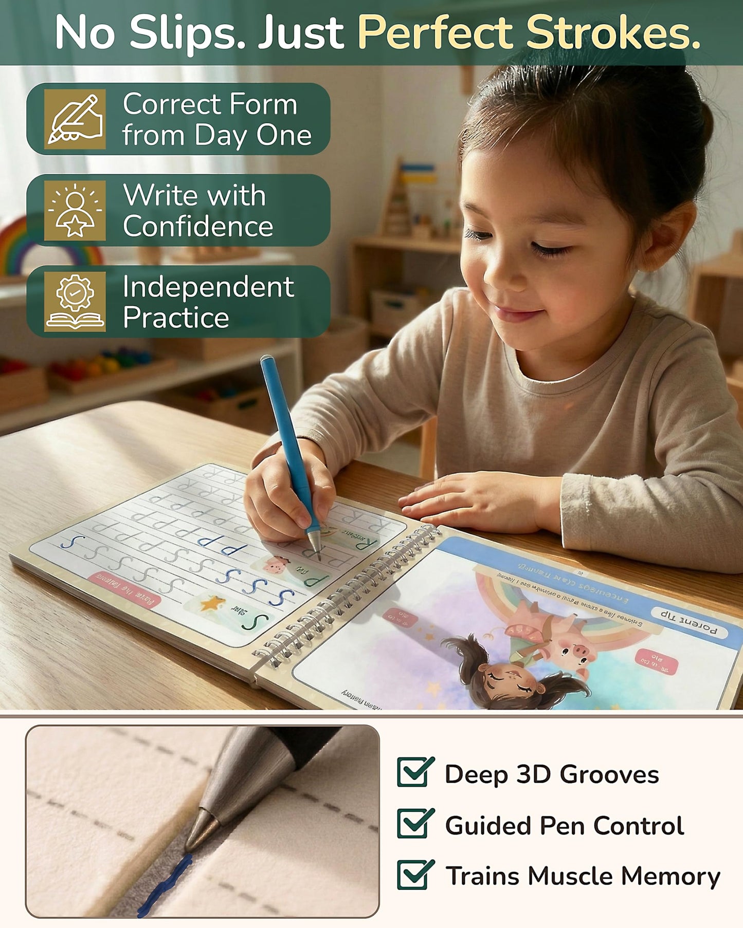 Stoybee Magic Grooved Writing Practice for kids | Deep Grooved Handwriting Practice for Kids Ages 3-7 | Large Pages, Big Letters, Reusable, 15 Refills | Montessori Groove writing Preschool Workbook