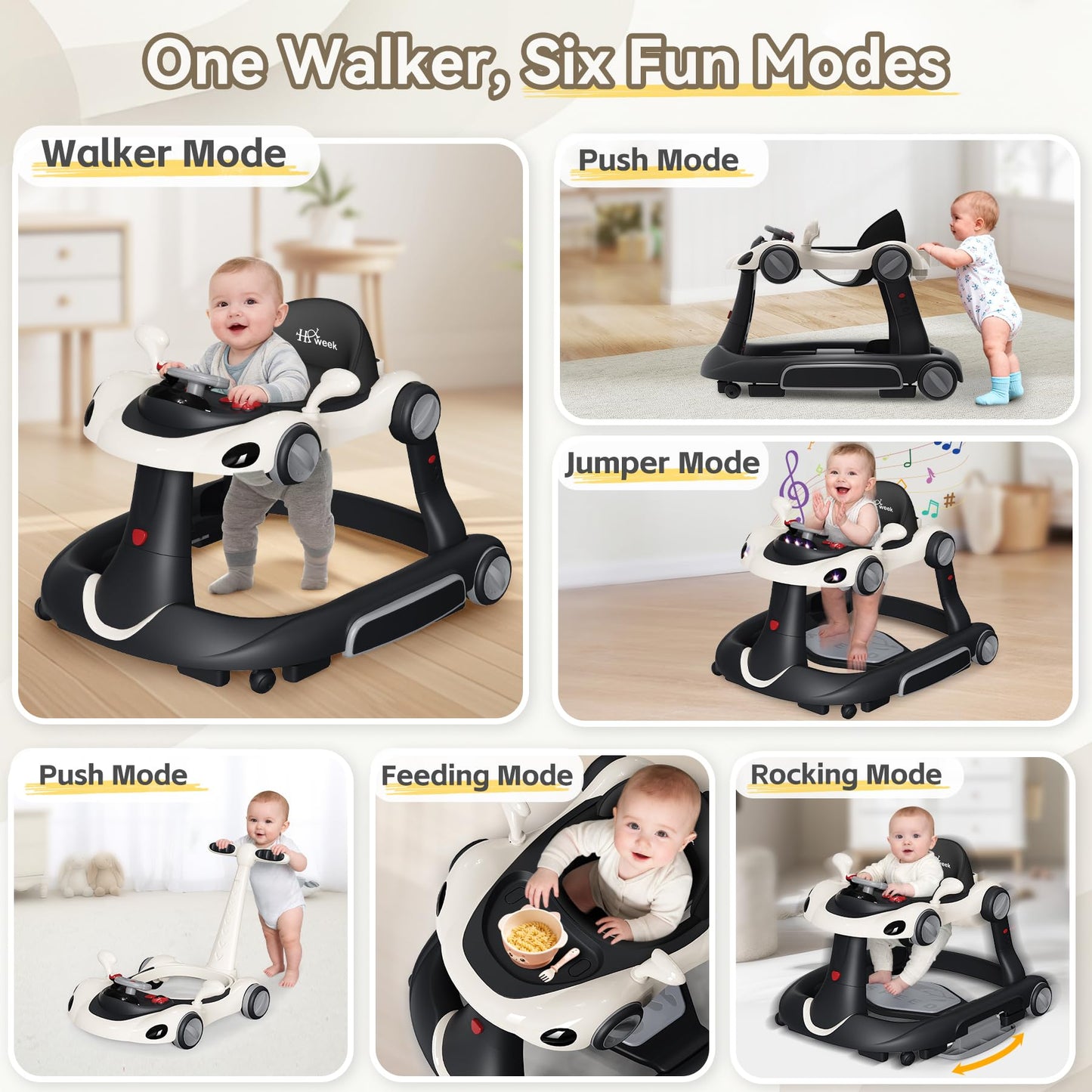 Baby Walker with Wheels, 7-in-1 Foldable Baby Walkers for Boys Girls 6-12 Months with Feeding Tray & Music, Lights,Rocker,Sun Canopy, Bouncing Pedal, Adjustable Wheel Speed, Push Walker (Black)