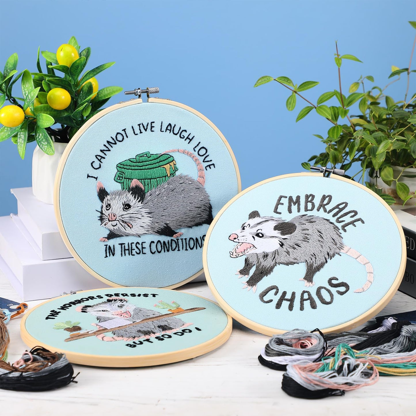 Mindsoft 3 Sets Possum Embroidery Kit with Embroidery Hoop Easy Pattern Needlepoint Kit for Beginners and Adults Hand Crafts Needlepoint Set with Needles Thread and Instruction