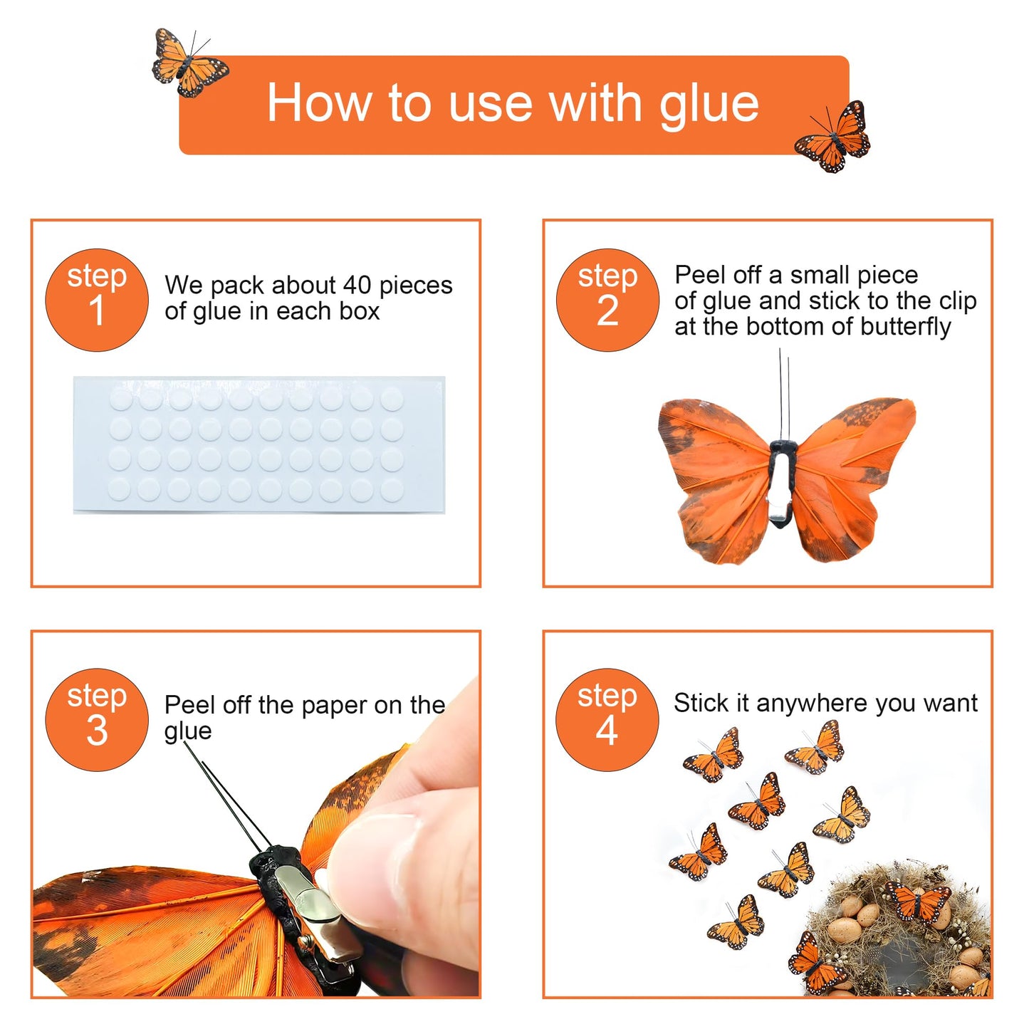 24pcs Monarch Butterflies Monarch Butterfly Decorations Kit with Clip for Dia de Los Muertos Decorations Halloween Decorative Butterflies Handmade Feather Butterfly - 2.25 inch KP06C