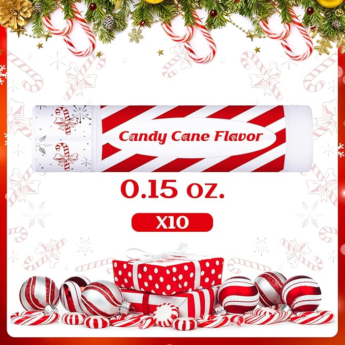 10 Pack Christmas Lip Balms Bulk Christmas Candy Peppermint Cane Scented Holiday Flavor Lip Balm Gifts Xmas Party Gifts Bulk Xmas Items Stocking Stuffers for Women Men Staff Employee (Candy)