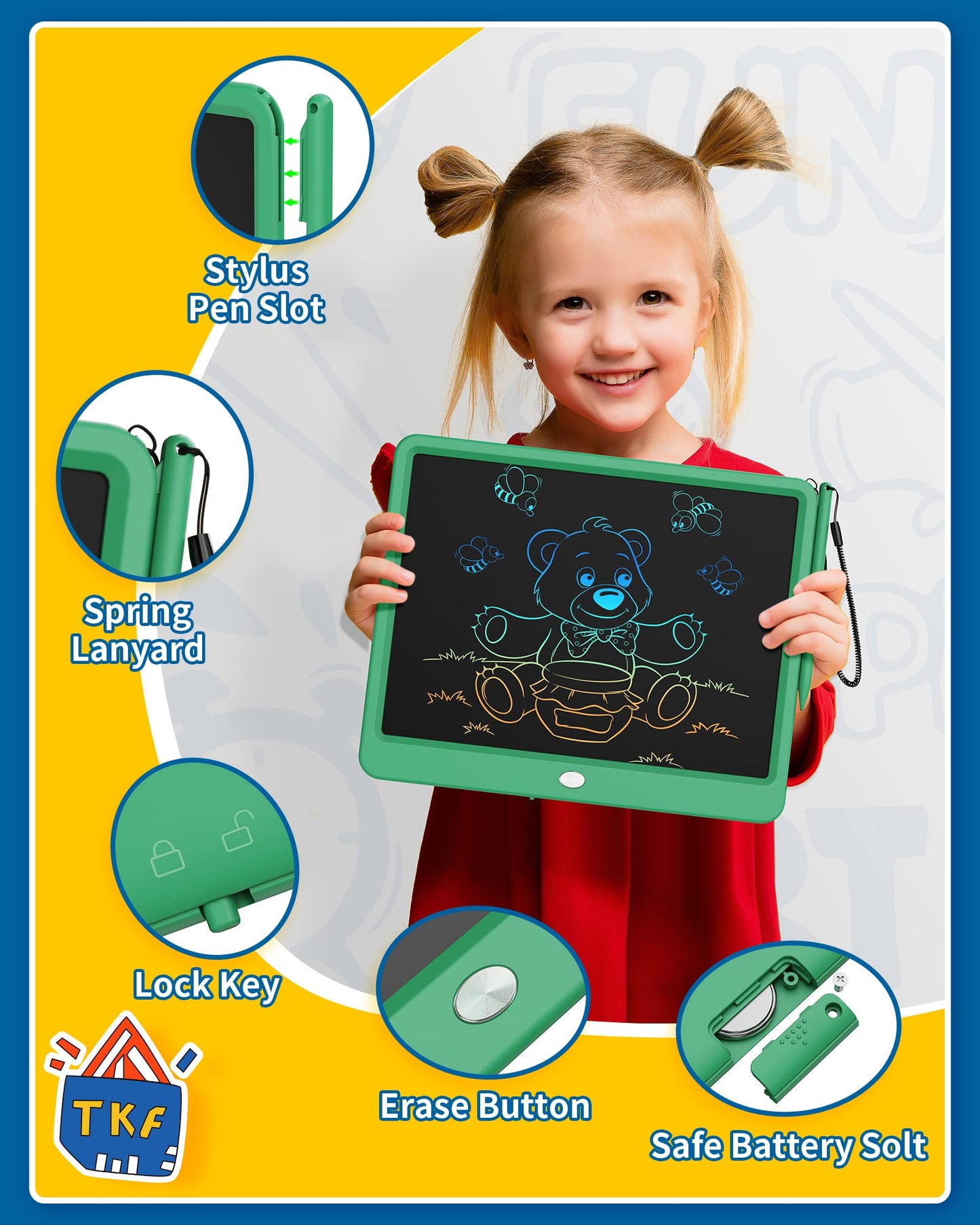 TEKFUN Toys 12" LCD Writing Tablet for Kids Ages 3–8, Drawing Tablet Toy for Boys & Girls, Easy Way to Keep Kids Busy, Mess-Free Doodle Board for Travel, Learning & Play
