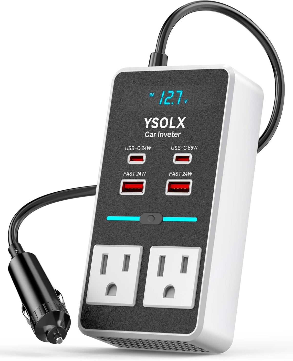 YSOLX 300W 12V to 110V Car Power Inverter, with Dual USB-A 24W and USB-C 65W, Dual AC Car Plug Adapter Outlet and Equipped with a Display Screen.Suitable for car Trips, Camping,Charging laptops