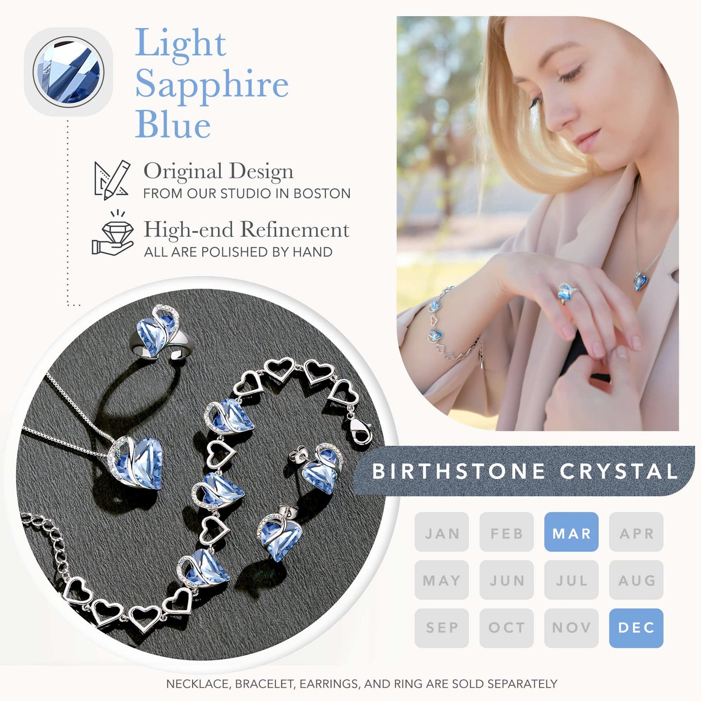 Leafael Infinity Love Heart Gift Bracelet for Women, March & December Birthstone Crystal, Light Sapphire Blue, Silver Tone, 7-inch Chain and 2-inch Extender
