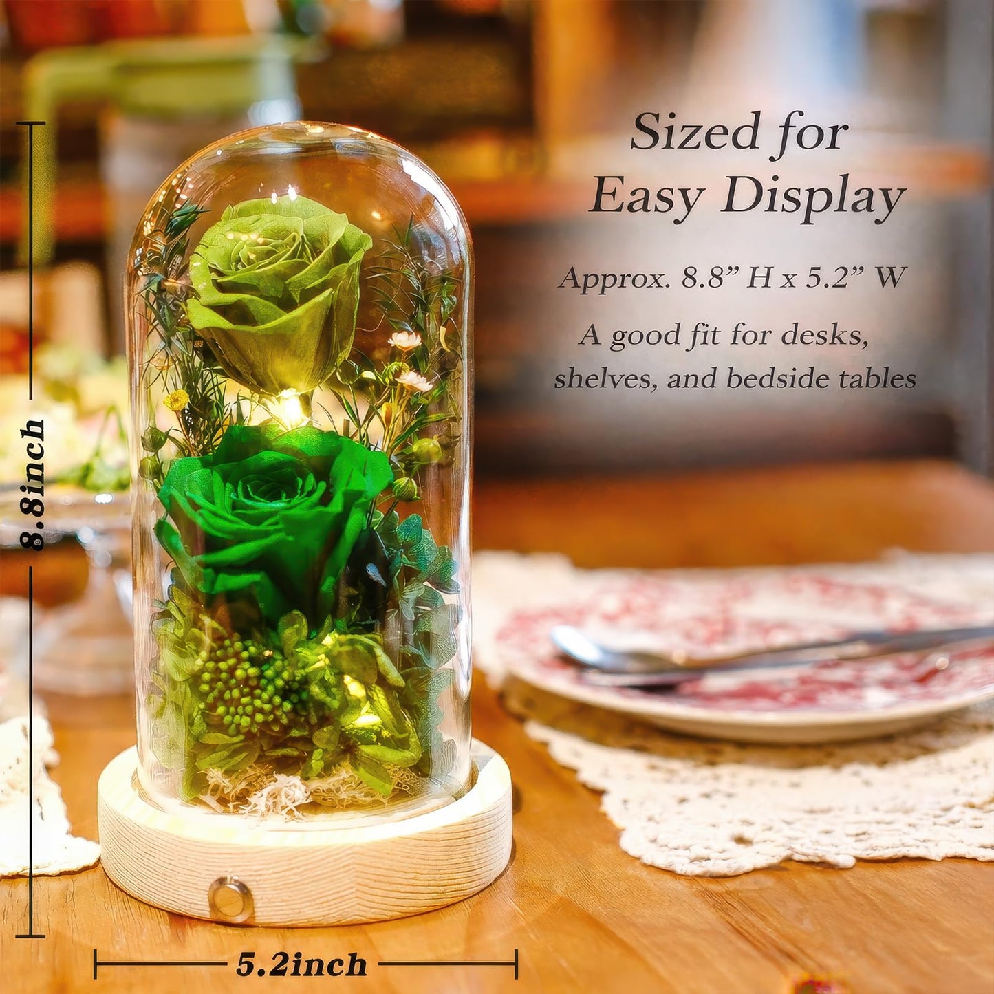 Regalo Flor Preserved Flowers Gifts for Women, Unique Green Preserved Roses in Glass Dome, Forever Flowers for Mom, Birthday Gifts for Women