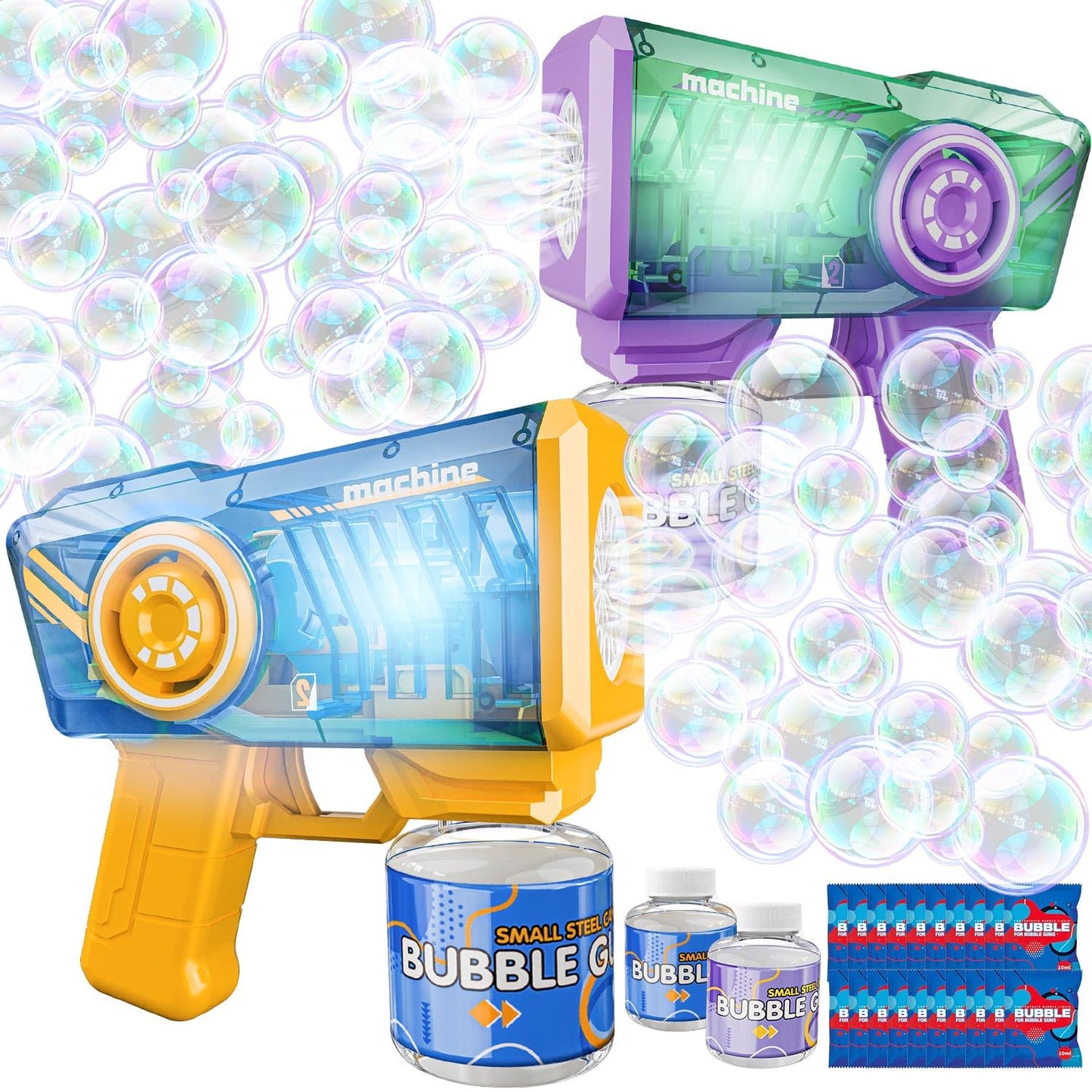 Snowalva Bubble Gun 2 Packs for Kids, Automatic Bubble Machine with 2 Bottles &25 Bags Refill Solution, LED Light Bubble Maker Gifts for Kids Boys&Girls Ages 3+ Thanksgiving Christmas
