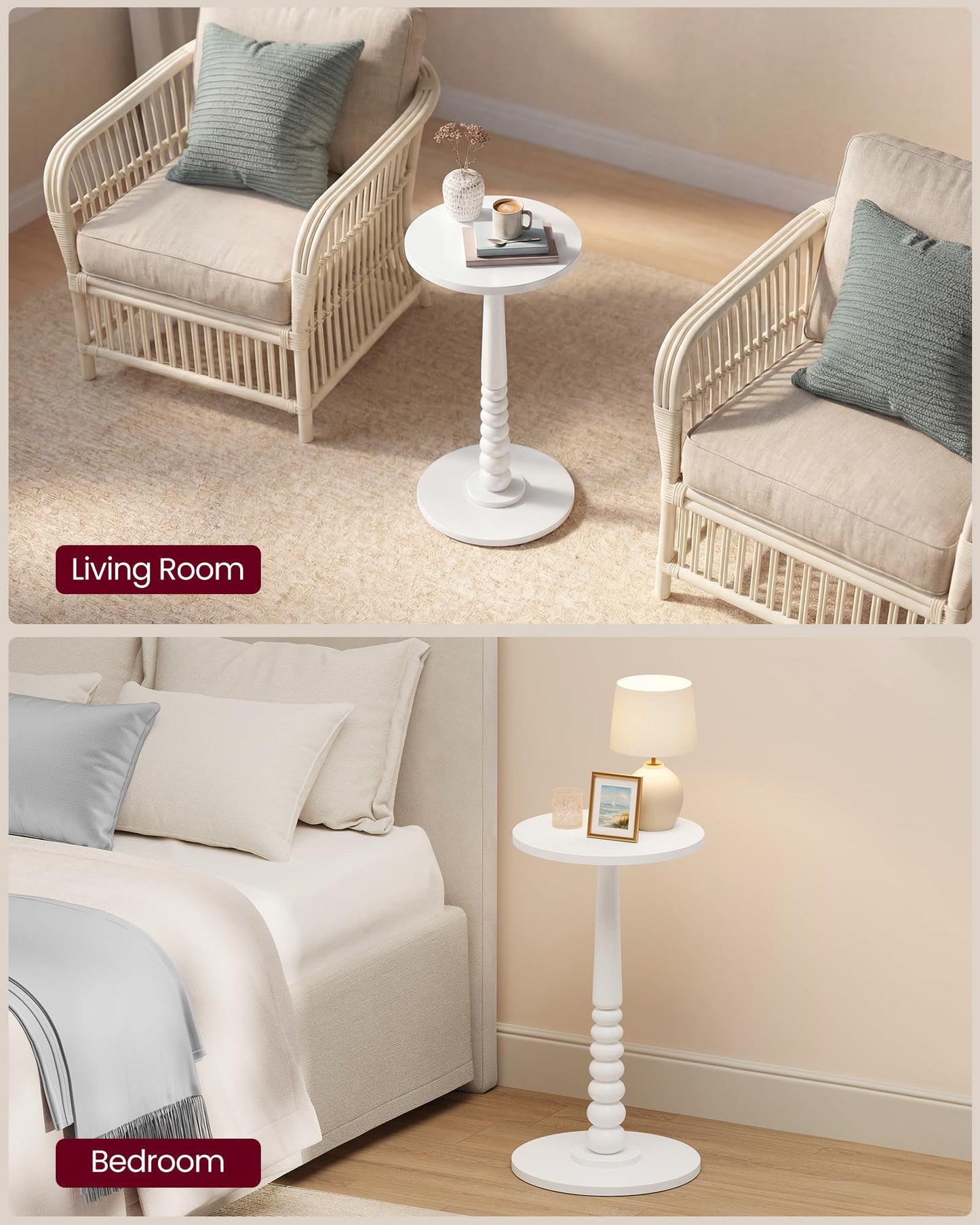 VASAGLE MARIEL Collection - Round Side Table, Small Drink End Table for Small Spaces, Accent Nightstand, Solid Wood Leg, Mid-Century Modern, for Living Room Bedroom, Cloud White ULET293WB02S