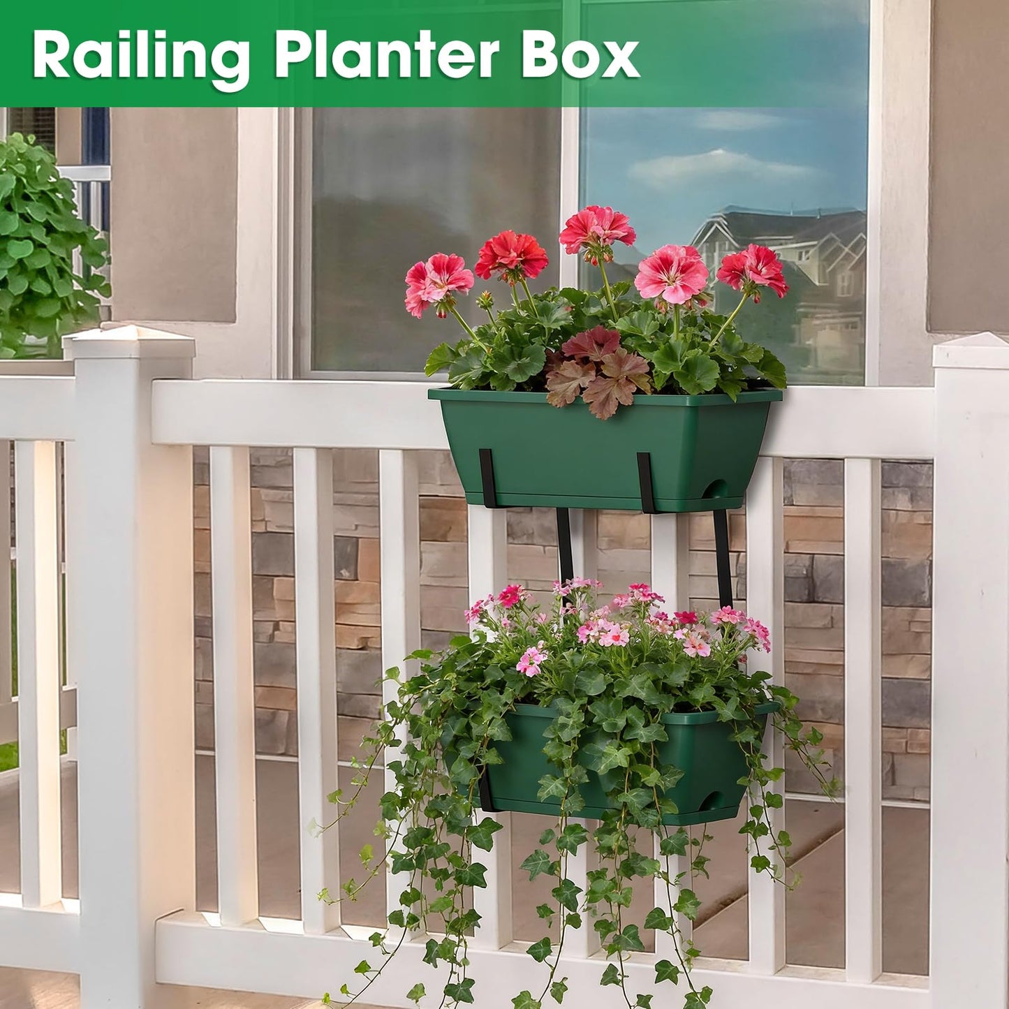 FANSXIVITA Balcony Planters Railing Hanging, Deck Railings Planter Boxes 16.9in, Railing Planter Box, Deck Planters for Railings, Railing Flower Box with Metal Brackets, Black Green
