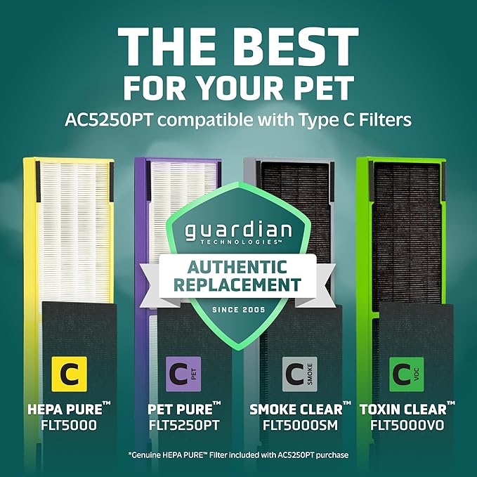 GermGuardian 5-In-1 HEPA Air Purifier for Home, Large Rooms Up To 915 Sq. Ft. with HEPA Pet Air Filter, UV-C Light & Odor Reduction, AC5250PT, 28" Tower, Black
