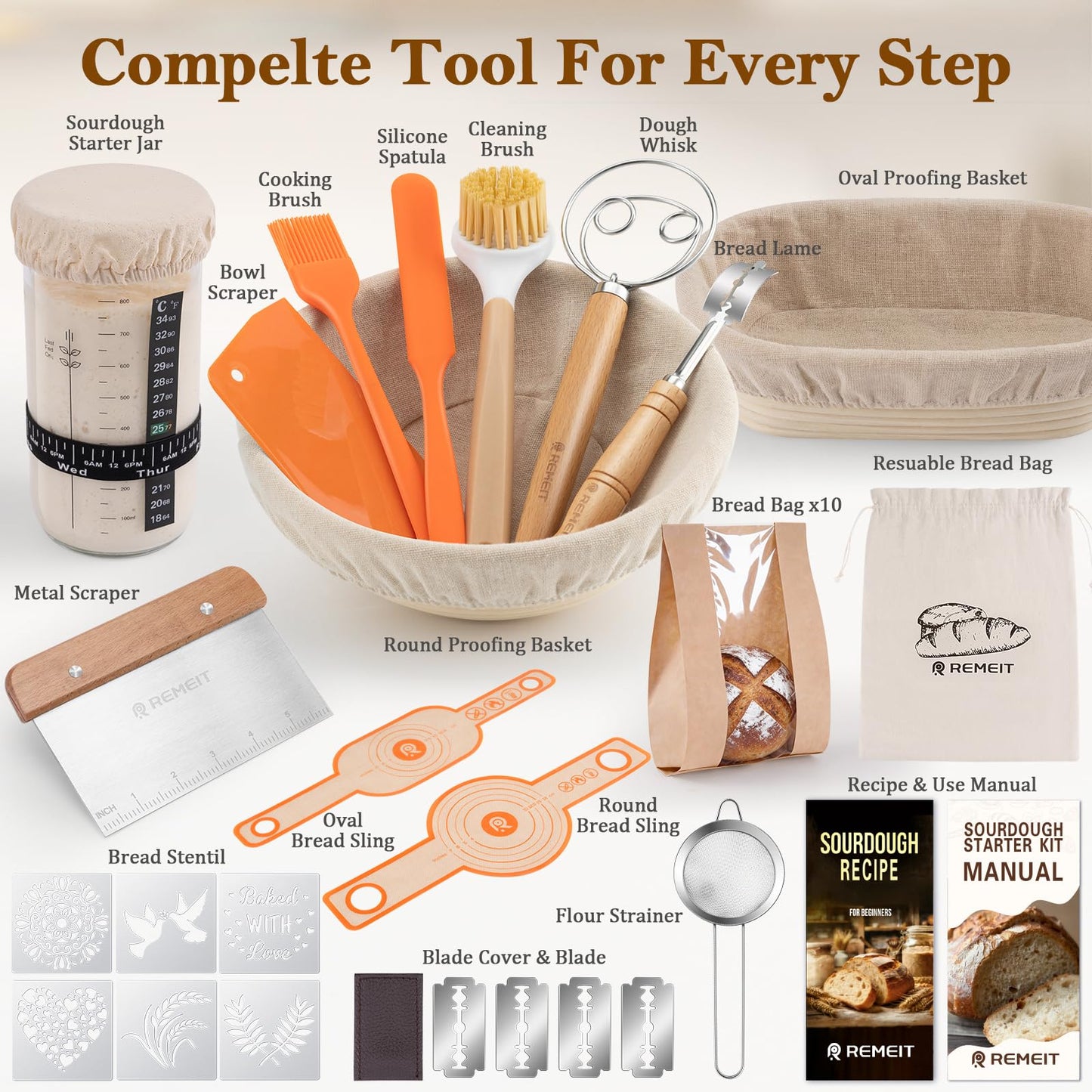 REMEIT Sourdough Starter Kit with Banneton Bread Proofing Basket Set, 9" Round & 10" Oval Proofing Basket, Sourdough Bread Baking Supplies with Starter Jar, Bread Lame, Dough Whisk and Baking Tools