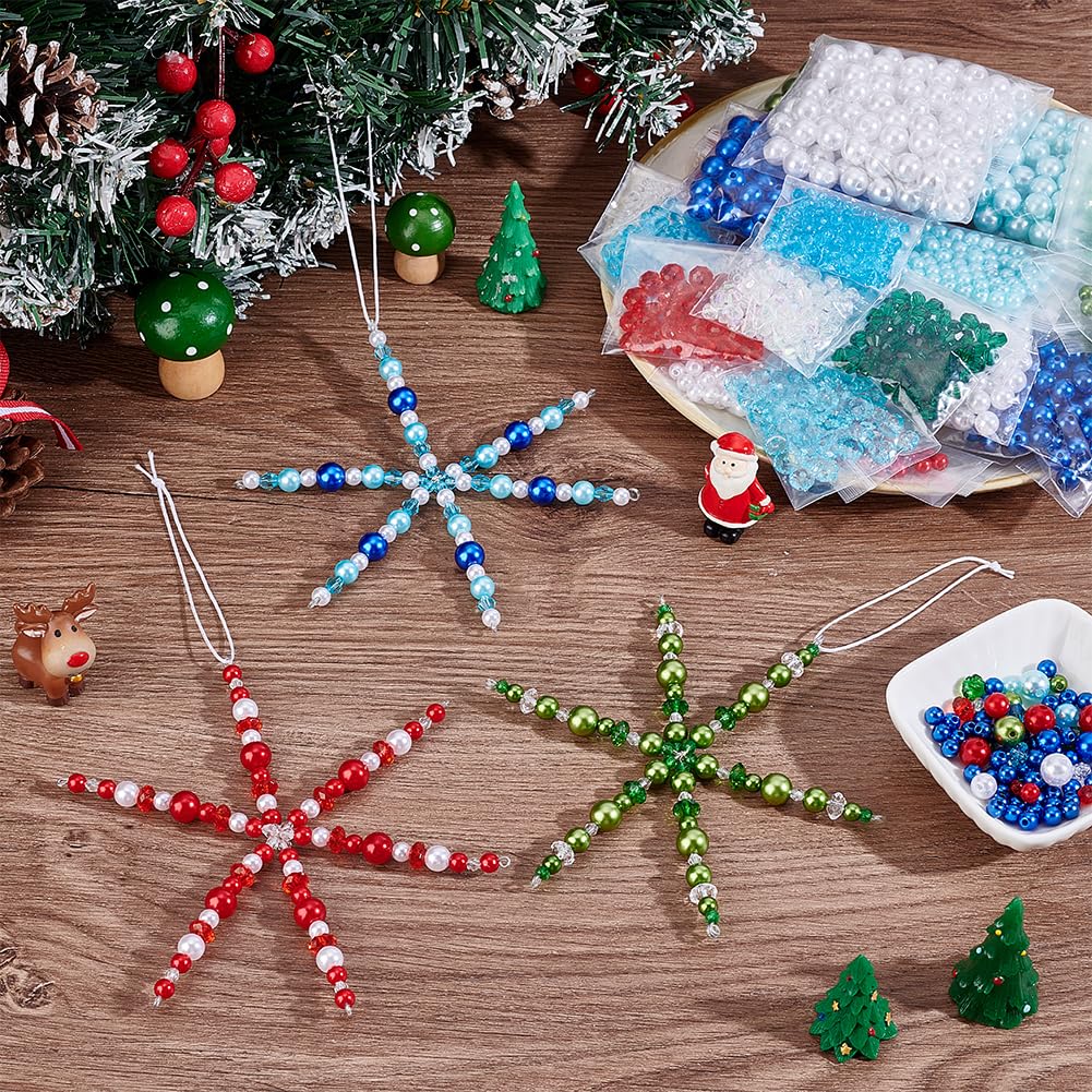 PH PandaHall Christmas Snowflake Wires Bead Kit, Snowflake Beads Ornament Set Metal Snowflake Wire with Pearl Acrylic Beads for Holiday Crafts Christmas Tree Wreaths DIY Craft Decoration