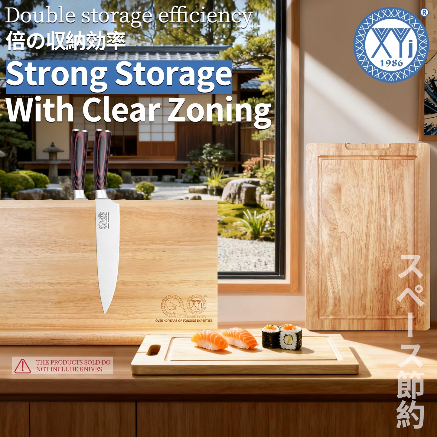XYJ Authentic Since 1986, Magnetic Knife Block with Cutting Boards, Natural Wood, Countertop Knife Organizer, Space-Saving Knives & Prep Board Set, Kitchen Storage Solution without Knives