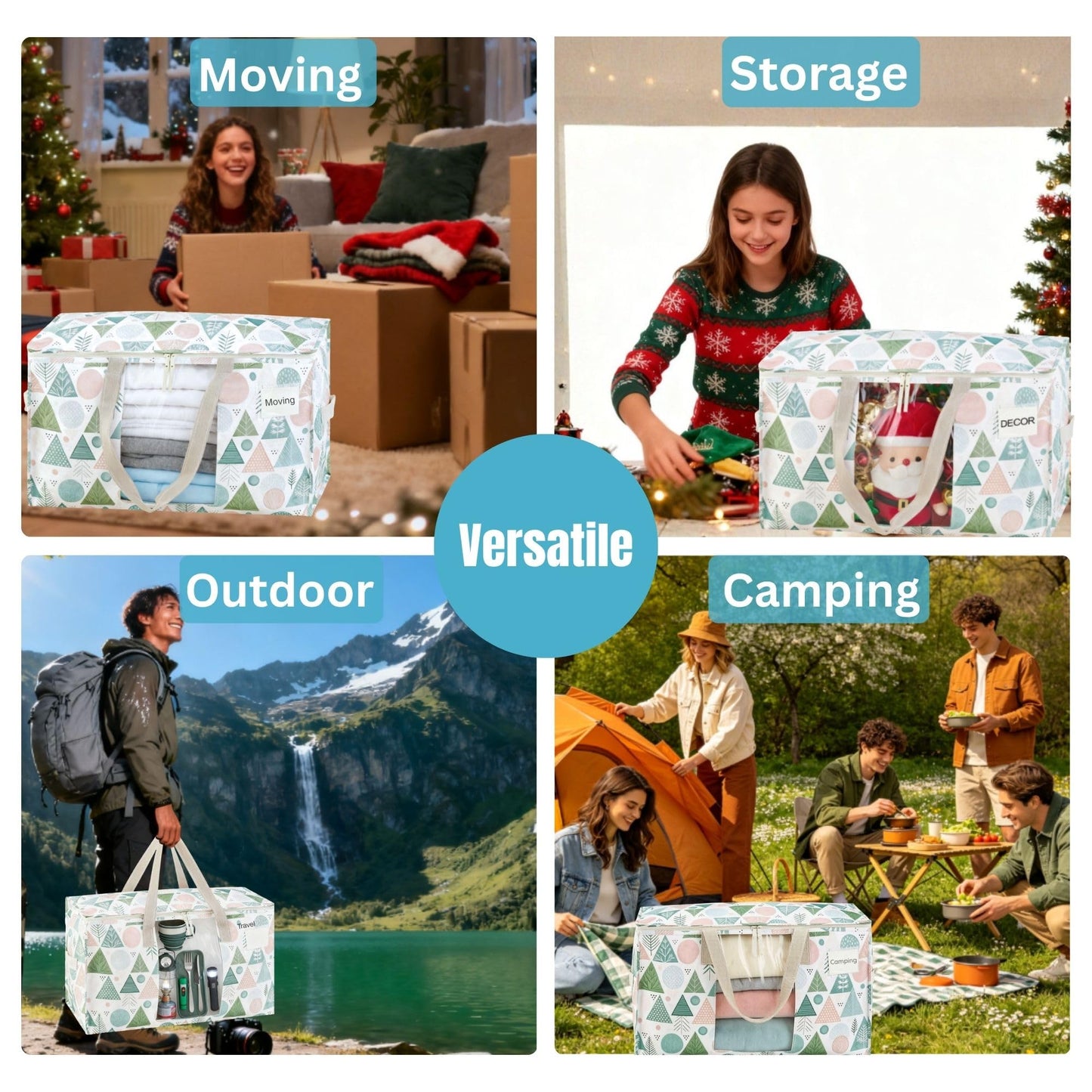 VENO 4 Pack Moving Bags, Large Christmas Storage Bins with lids, Packing Supplies for College, Alternative to Moving Boxes, Foldable, Heavy-Duty Tote, Christmas Pattern (Pastel Forest, 4 Pack)