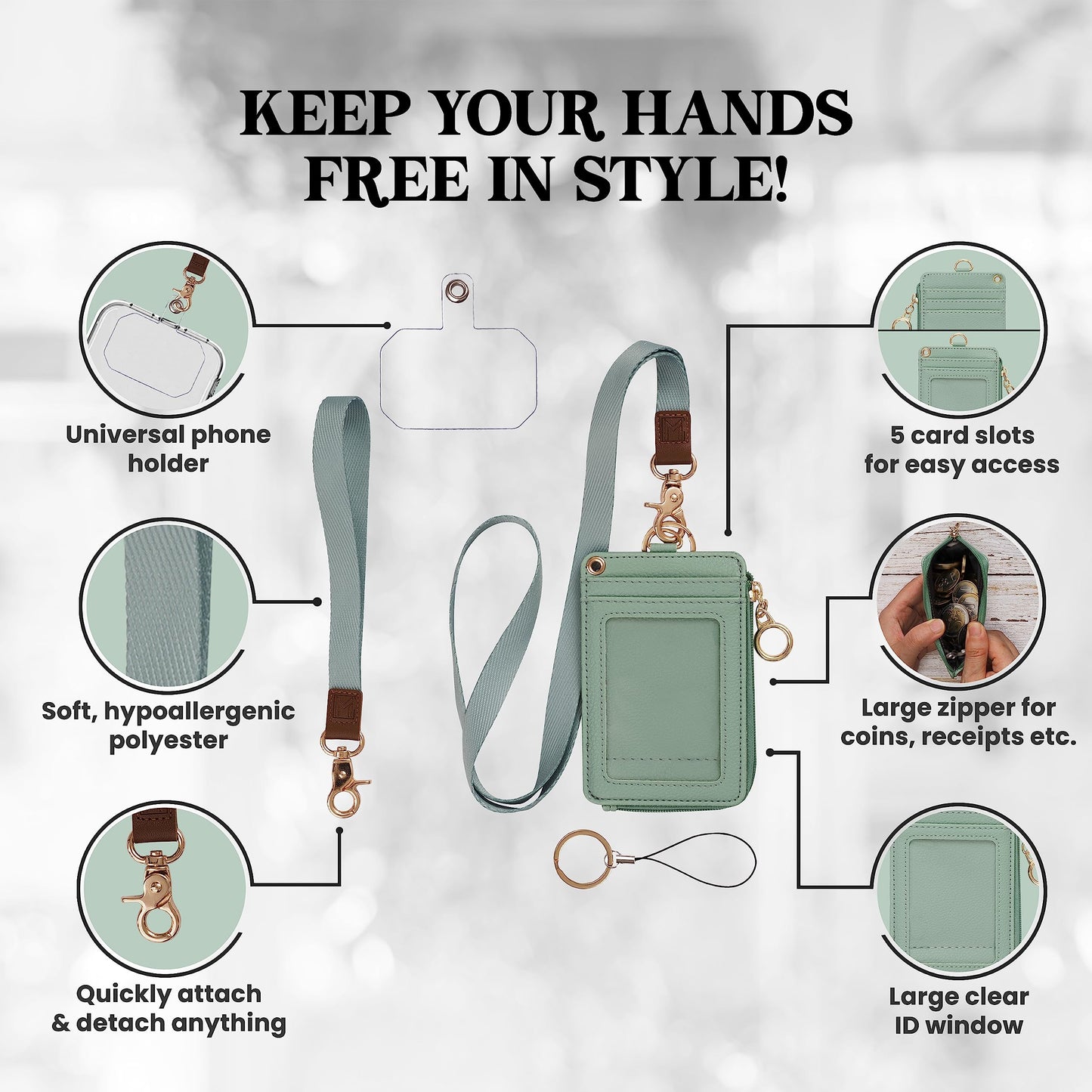 MONDO DESIGNS 2-in-1 ID Badge Holder with Lanyard - Multi-Use Lanyard Keychain Wallet for Women, Small Keychain Wristlet Wallet with Strap & Lanyards for ID Badges, Phone & Card Holder - Sage Green