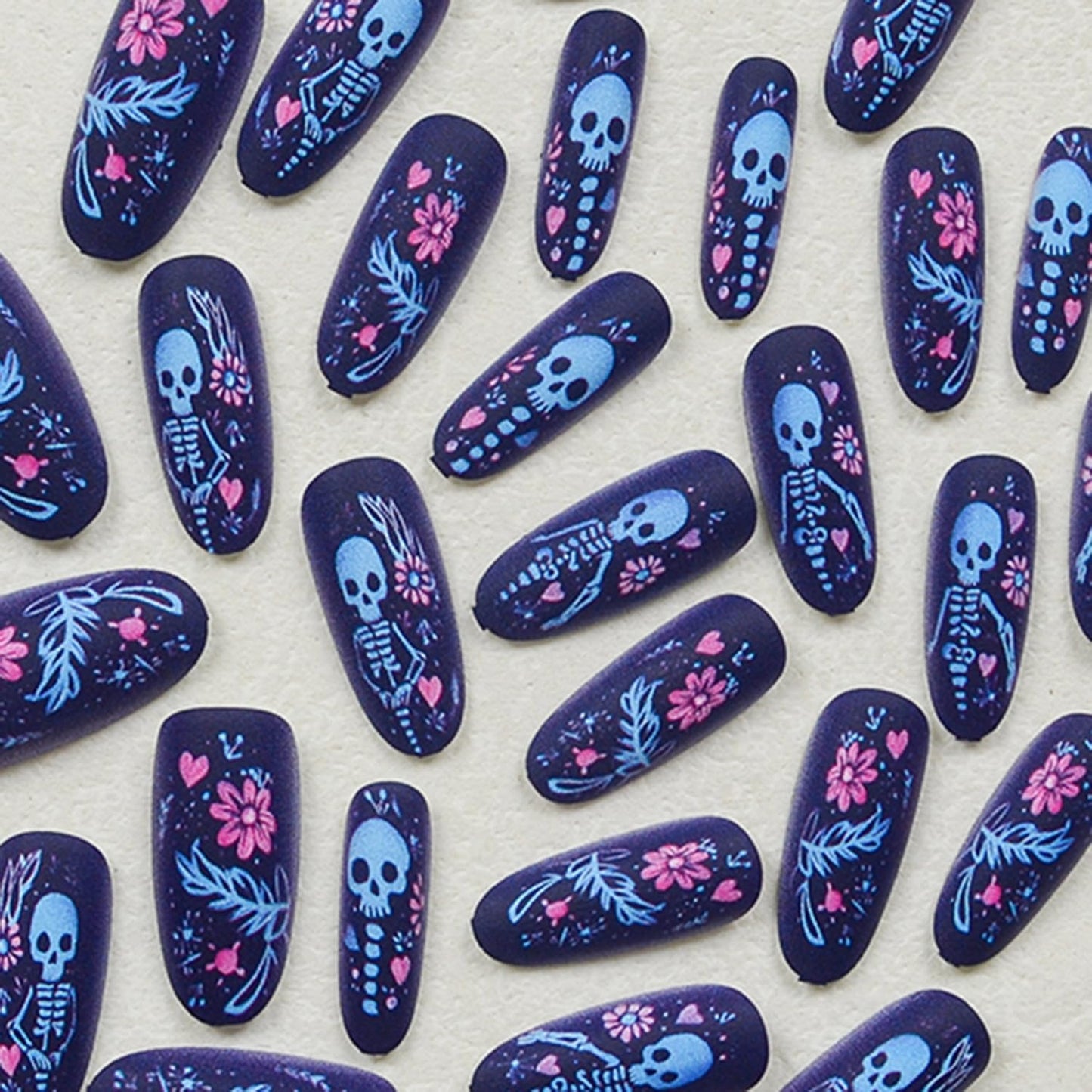 Halloween Press on Nails Skull Skeleton Acrylic Glue on Nail False Nails with Pink Flower & Heart Designs Short Almond False Nail Full Cover Artificial Stick on Nails for Women Nail Art DIY 30 Pcs